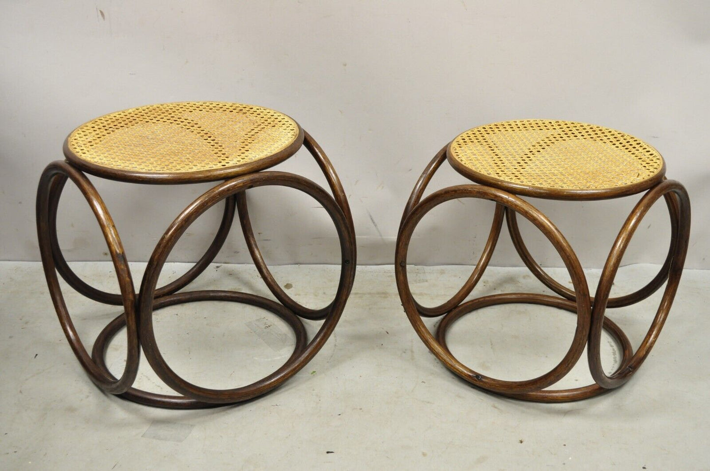 Vintage Mid Century Modern Thonet Bentwood Cane Seat Round Stool (B)