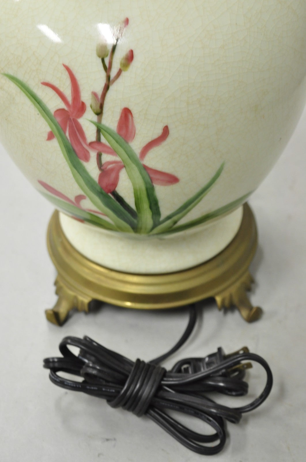Vintage Art Nouveau Style Pink Flower Painted Porcelain Table Lamp by Wildwood