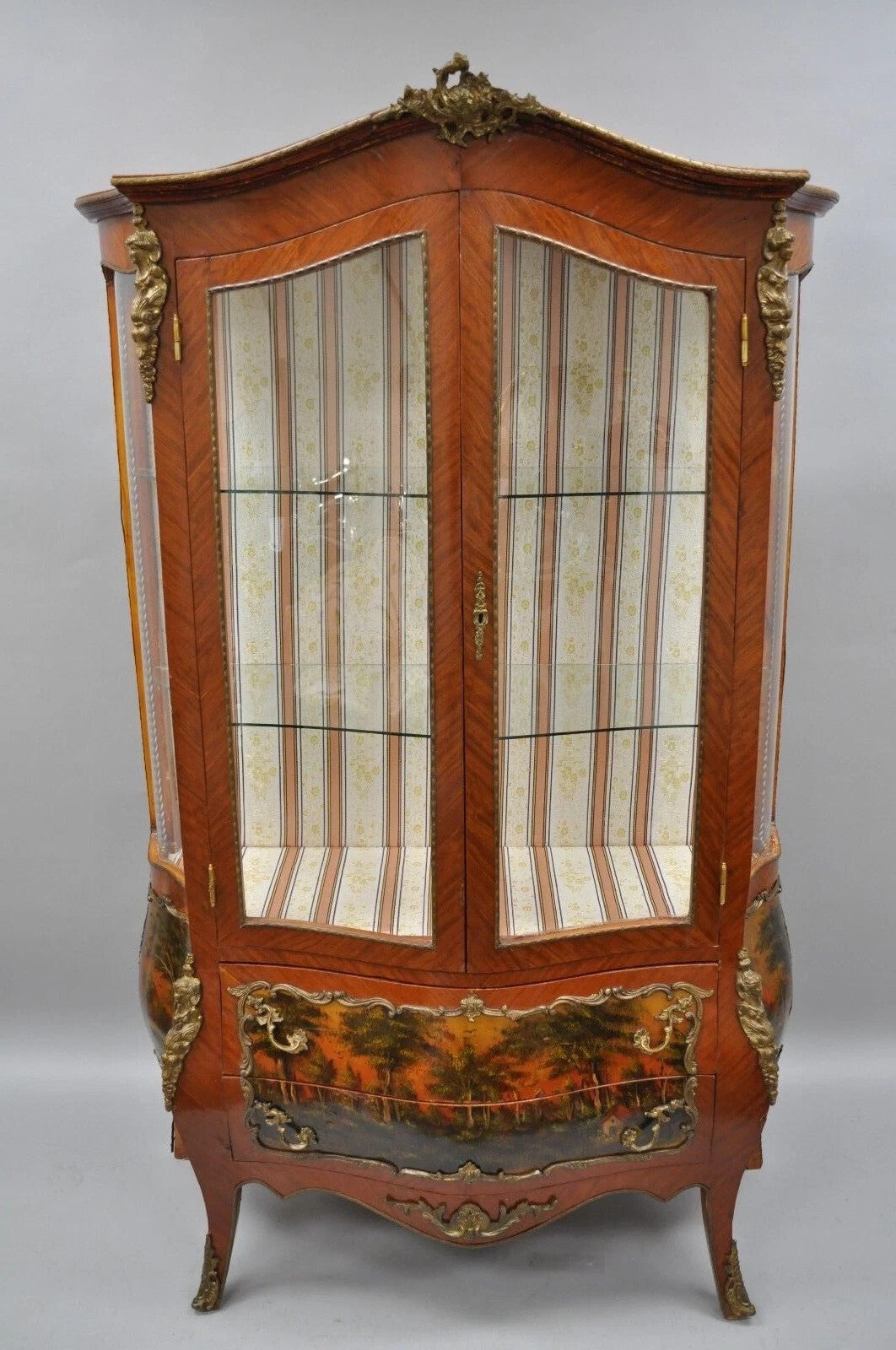 French Louis XV Style Reproduction Bombe Curio China Cabinet Vitrine with Bronze