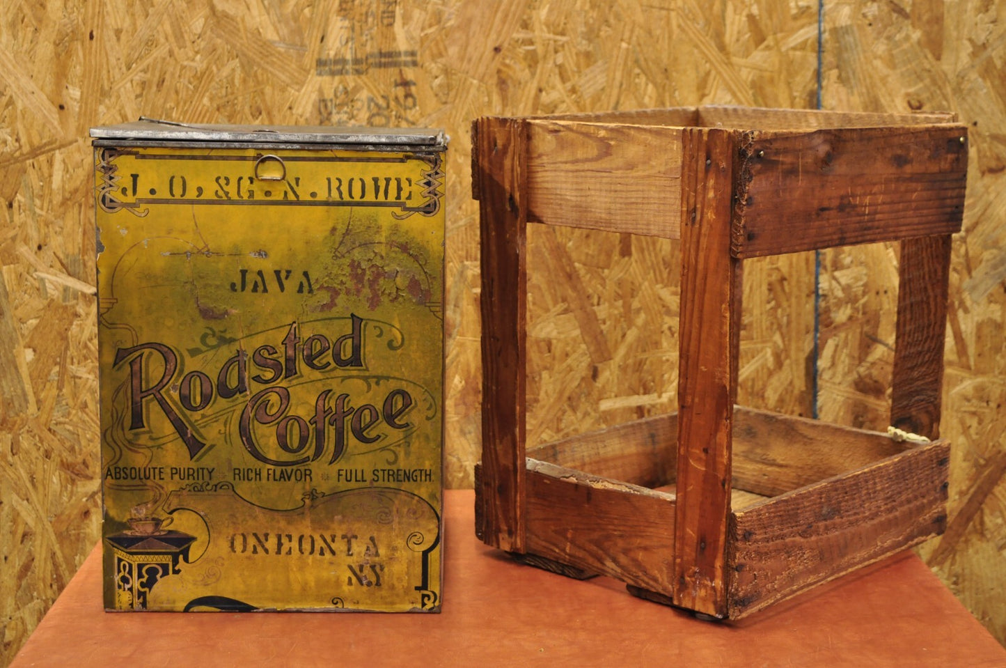 Antique J.O. & G.N. Rowe Co Oneonta, NY Yellow Tin Coffee Hopper Store Spice Bin