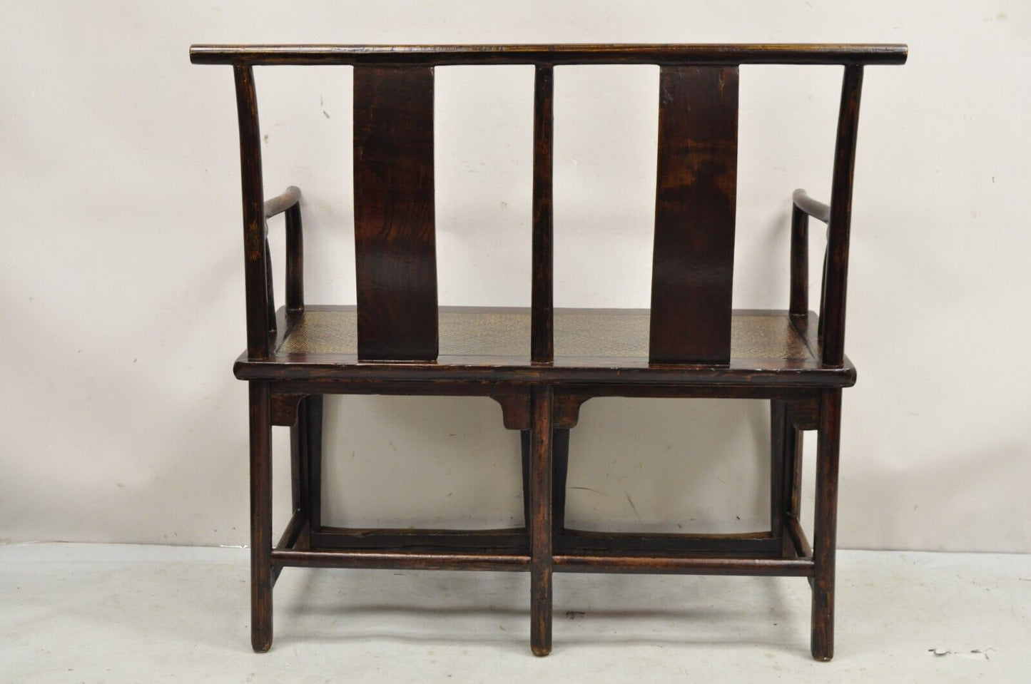 Vintage Chinese Elm Lacquered Cane Double Chairback Hall Bench Settee Sofa