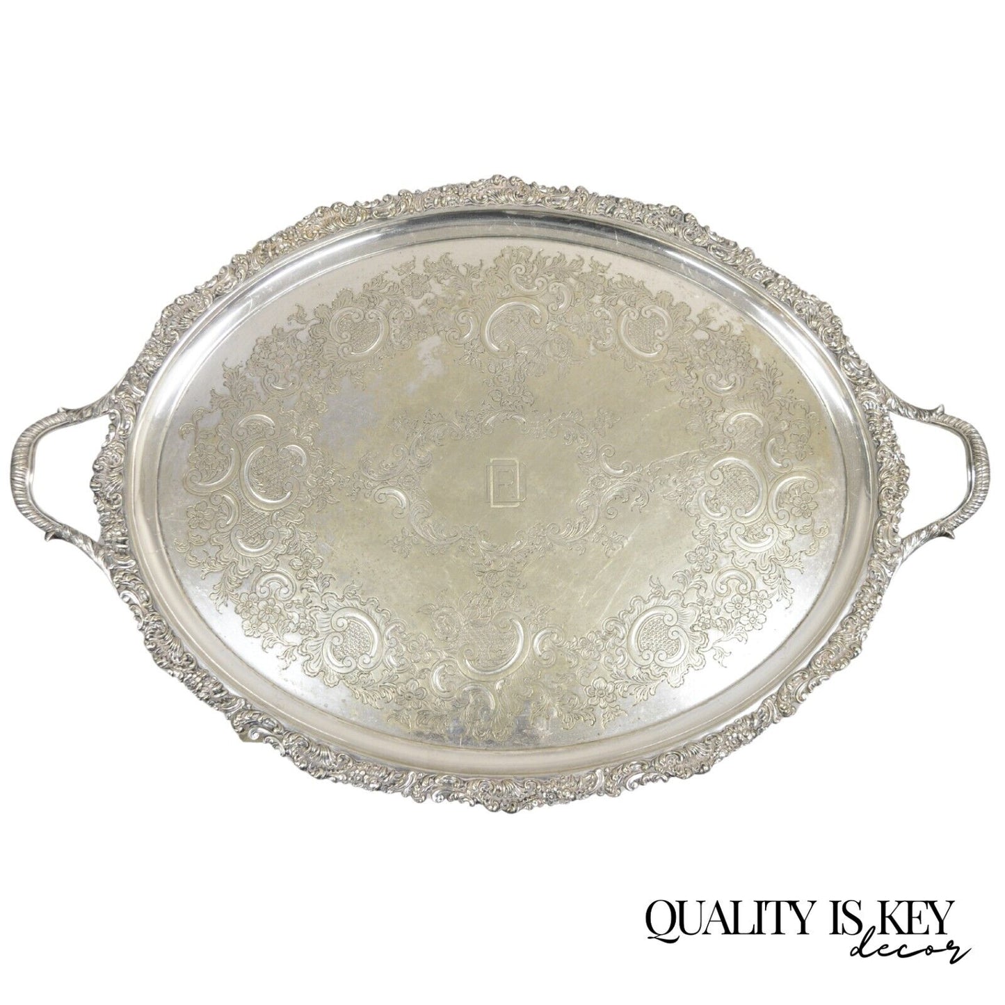Antique English Victorian Silver Plated Oval Serving Platter Tray "RDD" Monogram