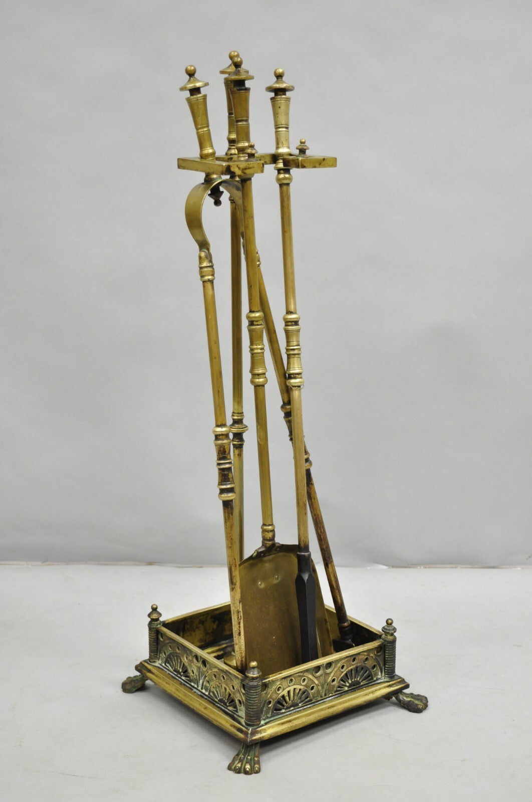 Antique English Art Nouveau Brass Paw Foot Fireplace Tool Set - 4 Pc Set