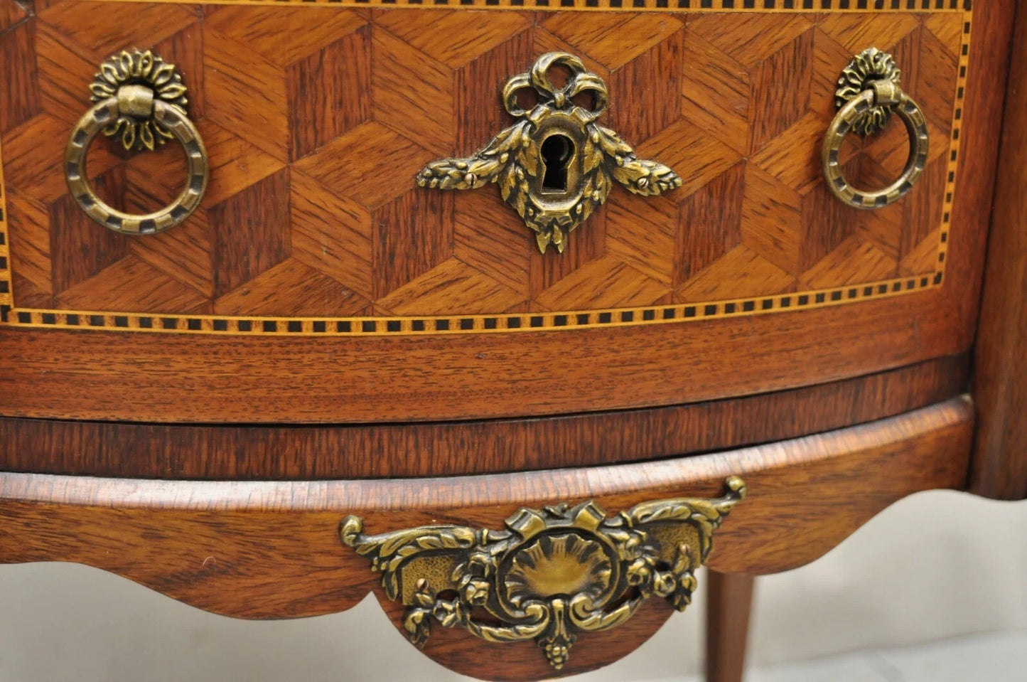 Antique French Louis XV Style Marble Top Bombe Commode Nightstand Side Table