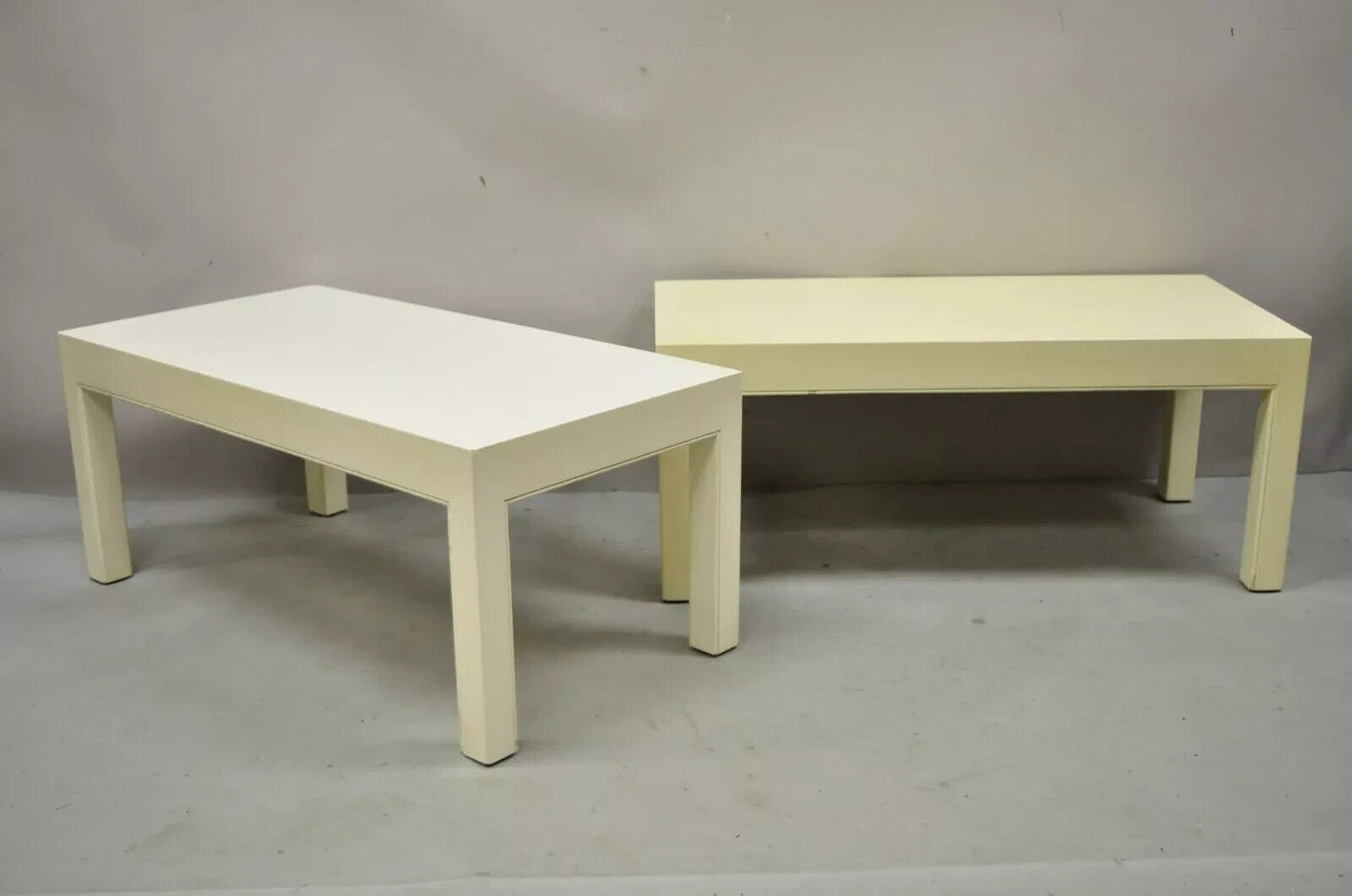 Vintage Modern Solid Wood Cream Lacquered Parsons Low Pedestal Side Table - Pair