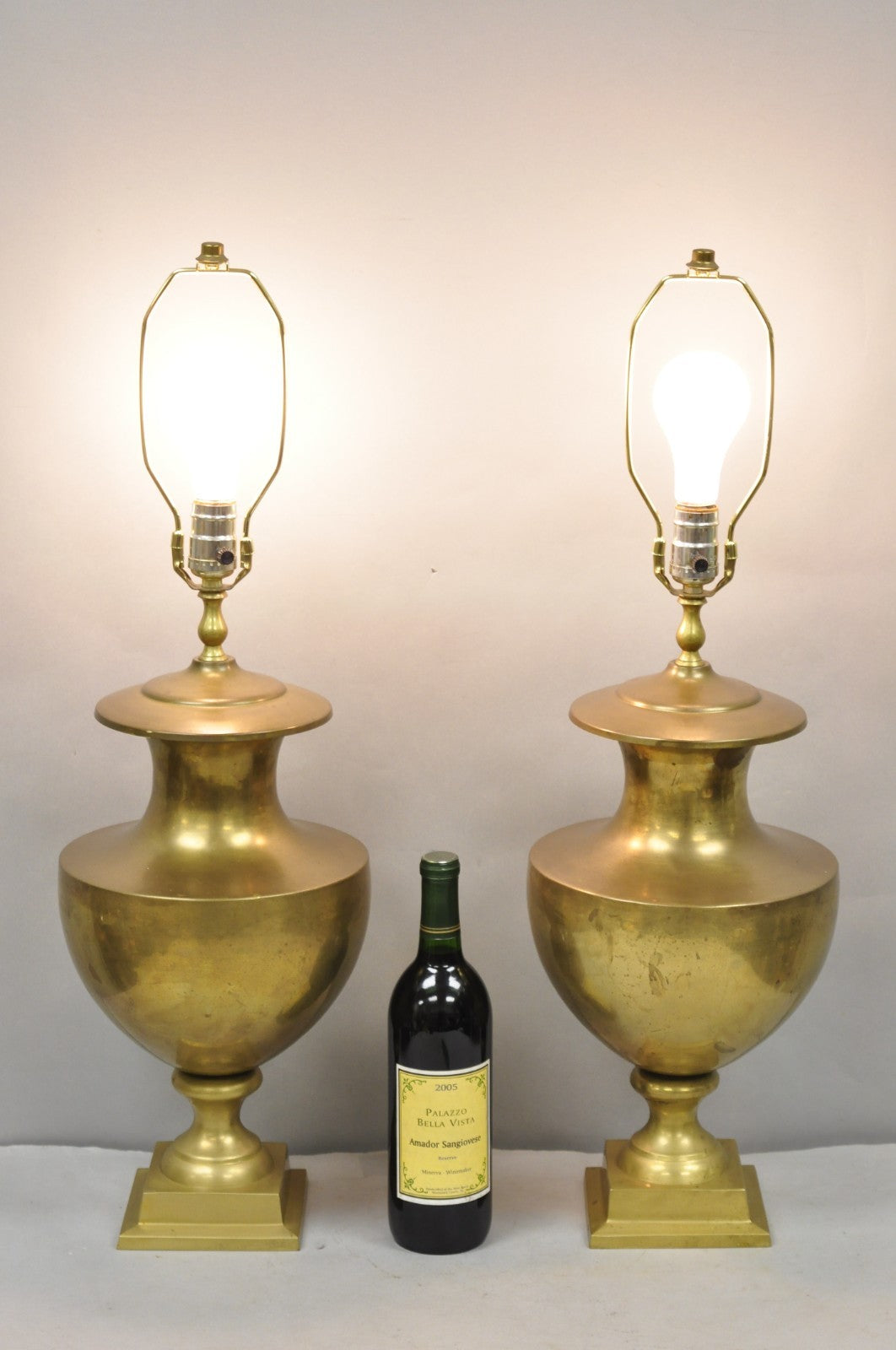 Vintage Hollywood Regency Patinated Brass Jardiniere Urn Table Lamps - a Pair