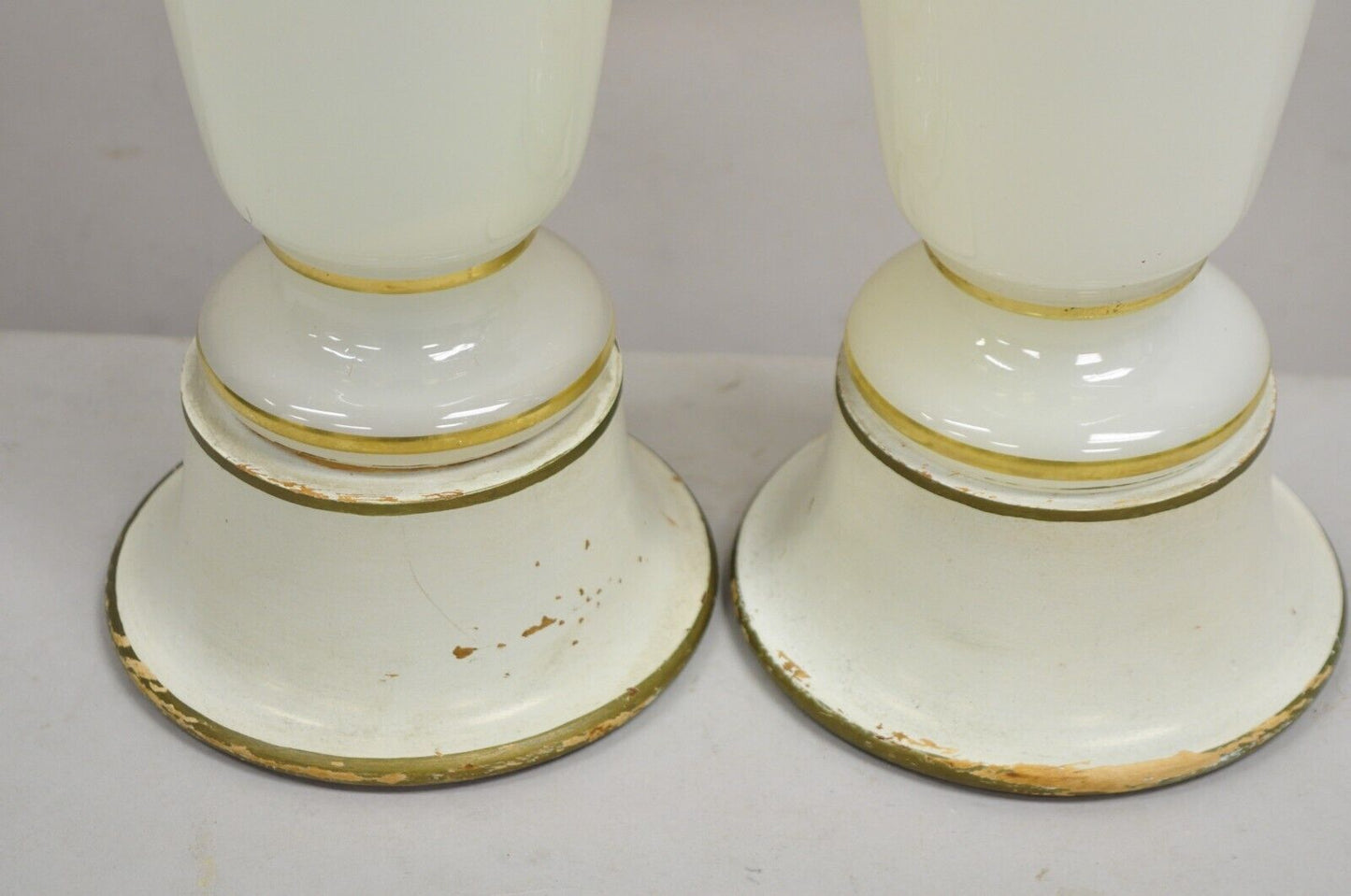 Vintage French Neoclassical Style Opaline Vaseline Glass Table Lamps - A Pair