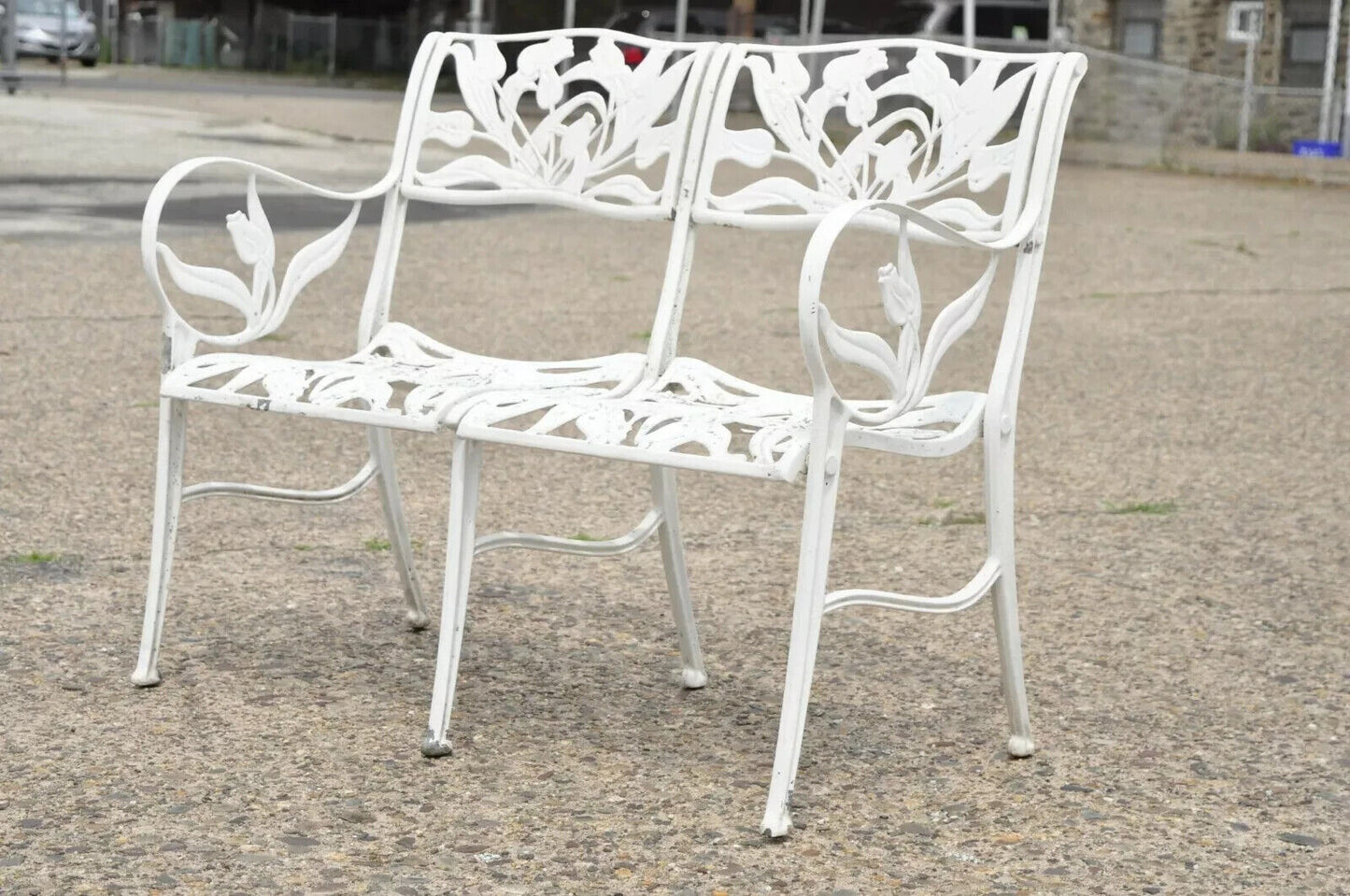 Vintage Art Nouveau Aluminum Tulip Flower Garden Patio Bench Seat Attr. to Molla