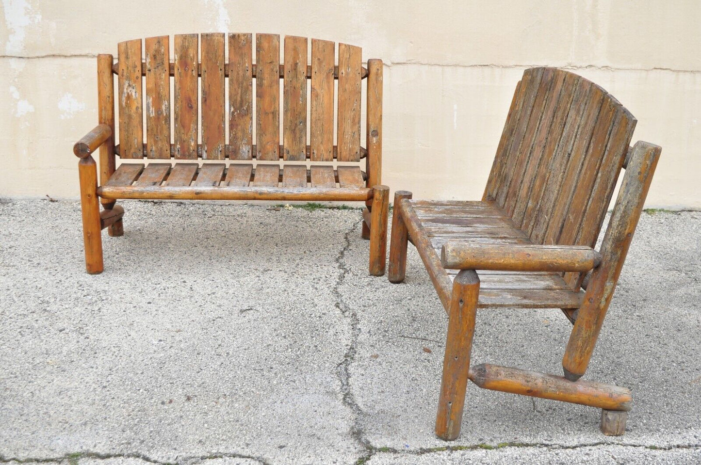 Log Cabin Primitive Adirondack Wooden Log Outdoor Bench Sofa Set - 2 Pcs