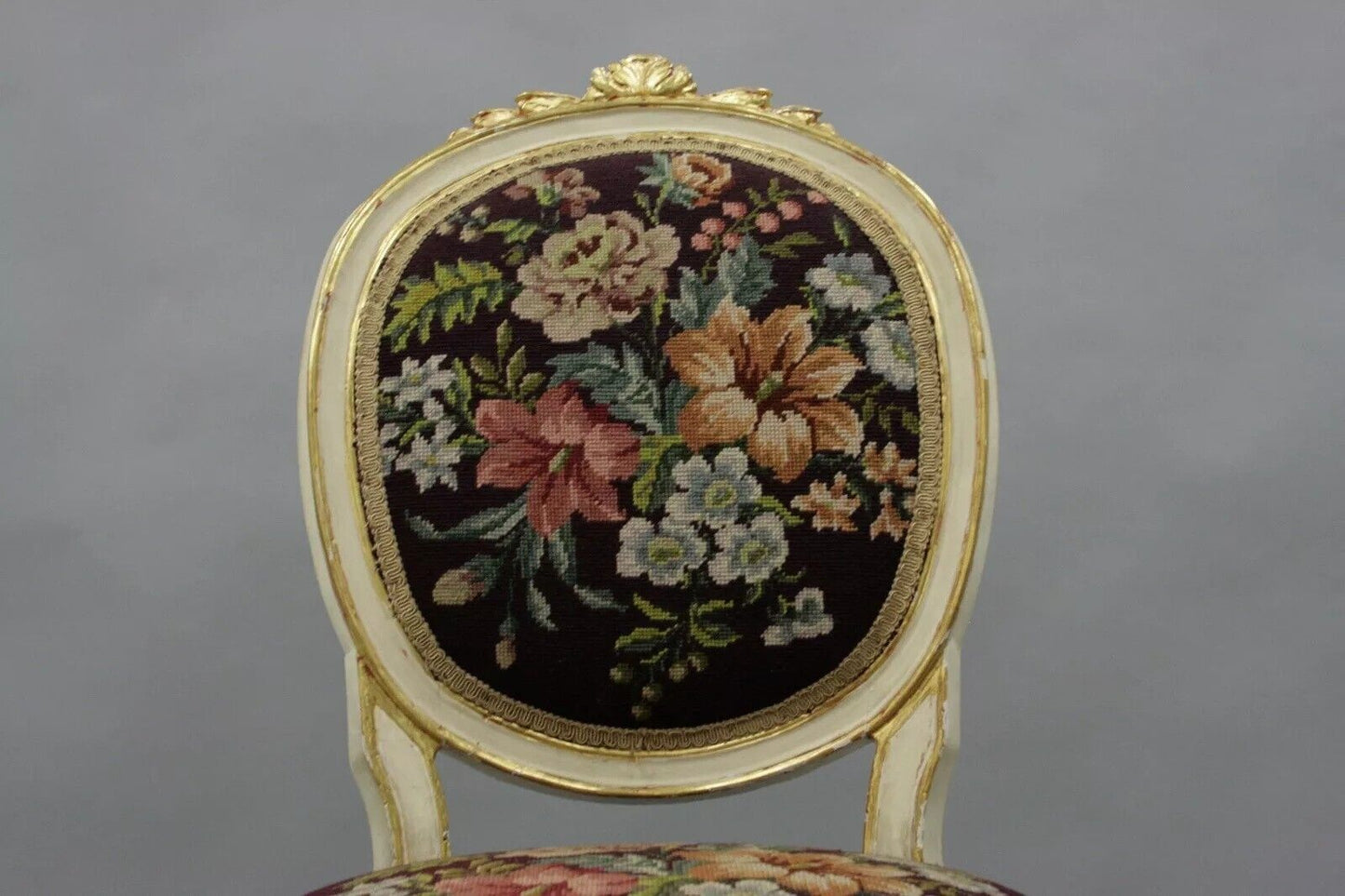 Antique French Louis XVI Style Carved Floral Needlepoint Accent Chair White Gold