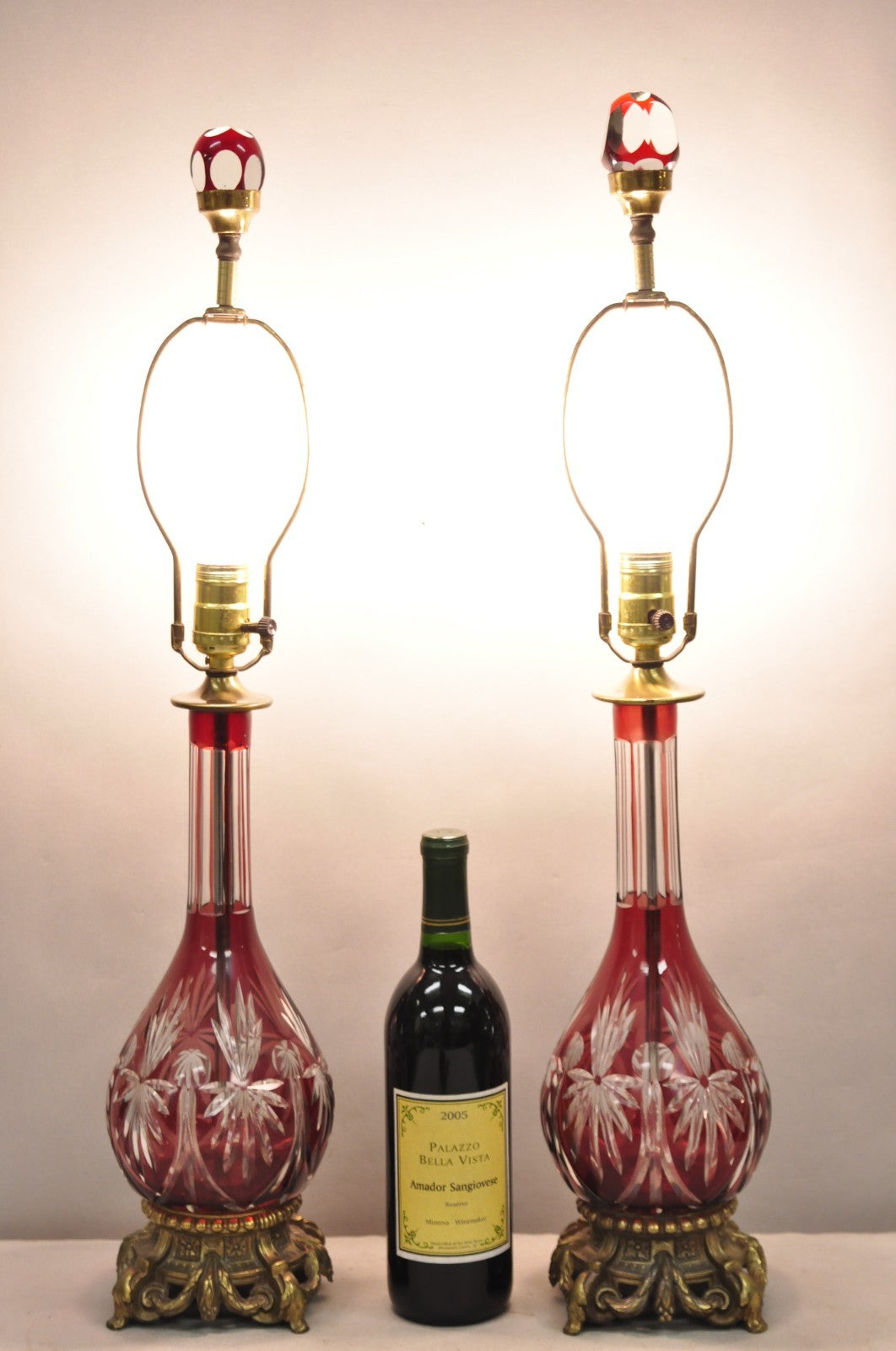 Antique Bohemian Cranberry Ruby Red Cut to Clear Glass Table Lamps - a Pair