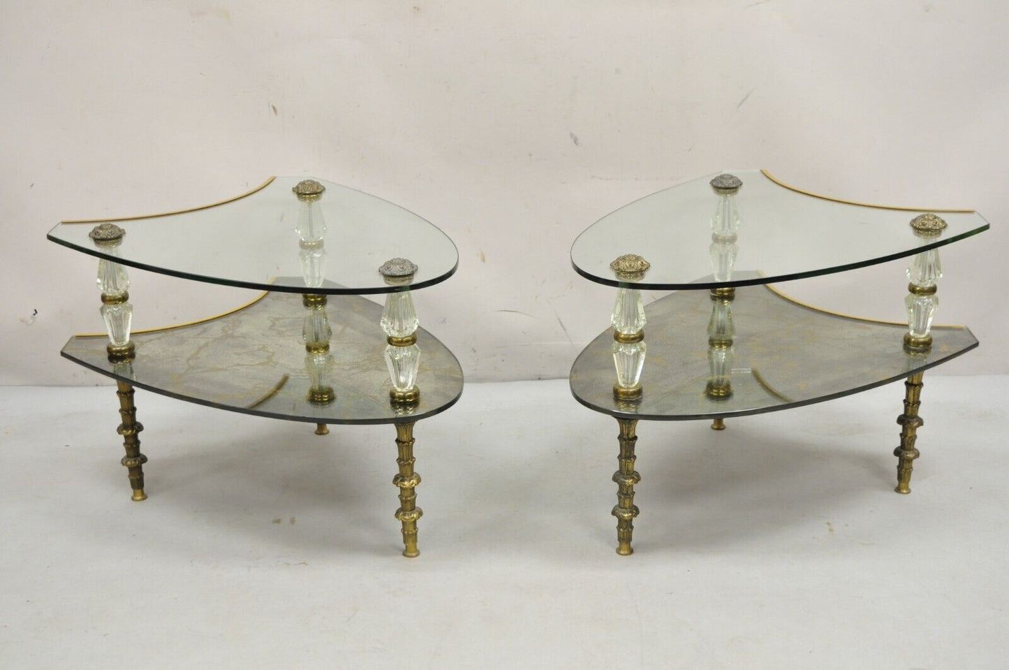 Vintage Hollywood Regency Two Tier Italian Églomisé Glass Side Tables - a Pair