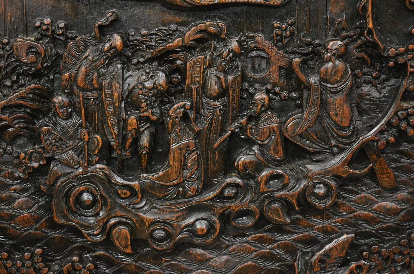 Antique Chinese Carved Hardwood Folding Gate Leg Table with Figural Carvings