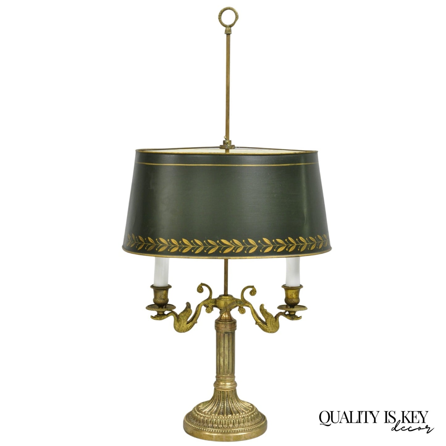 Antique French Empire Bronze Swans Green Tole Metal Shade Bouillotte Table Lamp