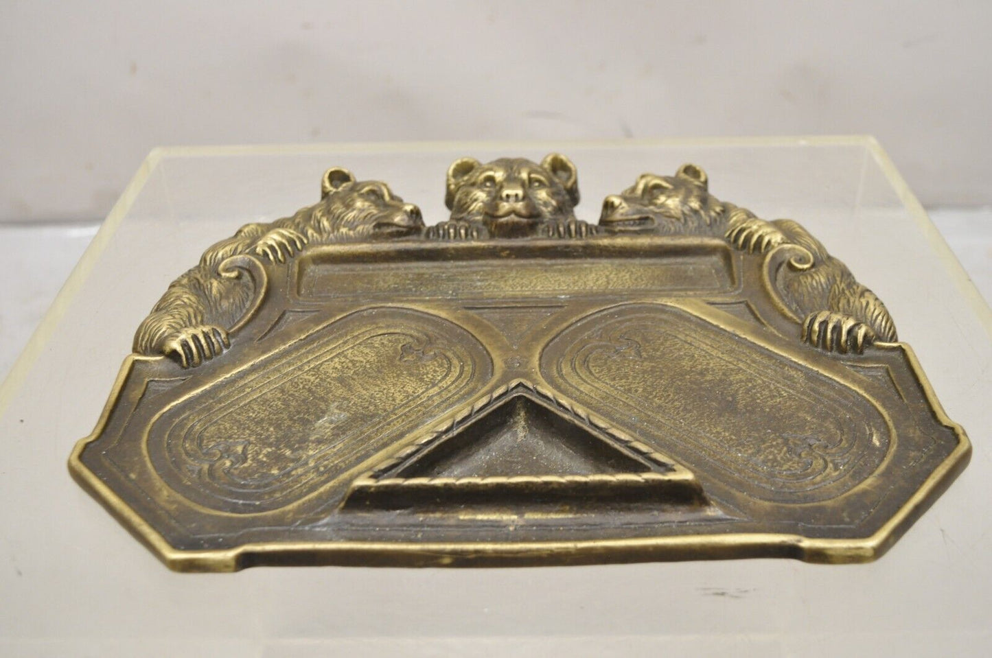 Antique Brass Bronze Black Forest Figural 3 Bears Desk Pen Tray Trinket Holder