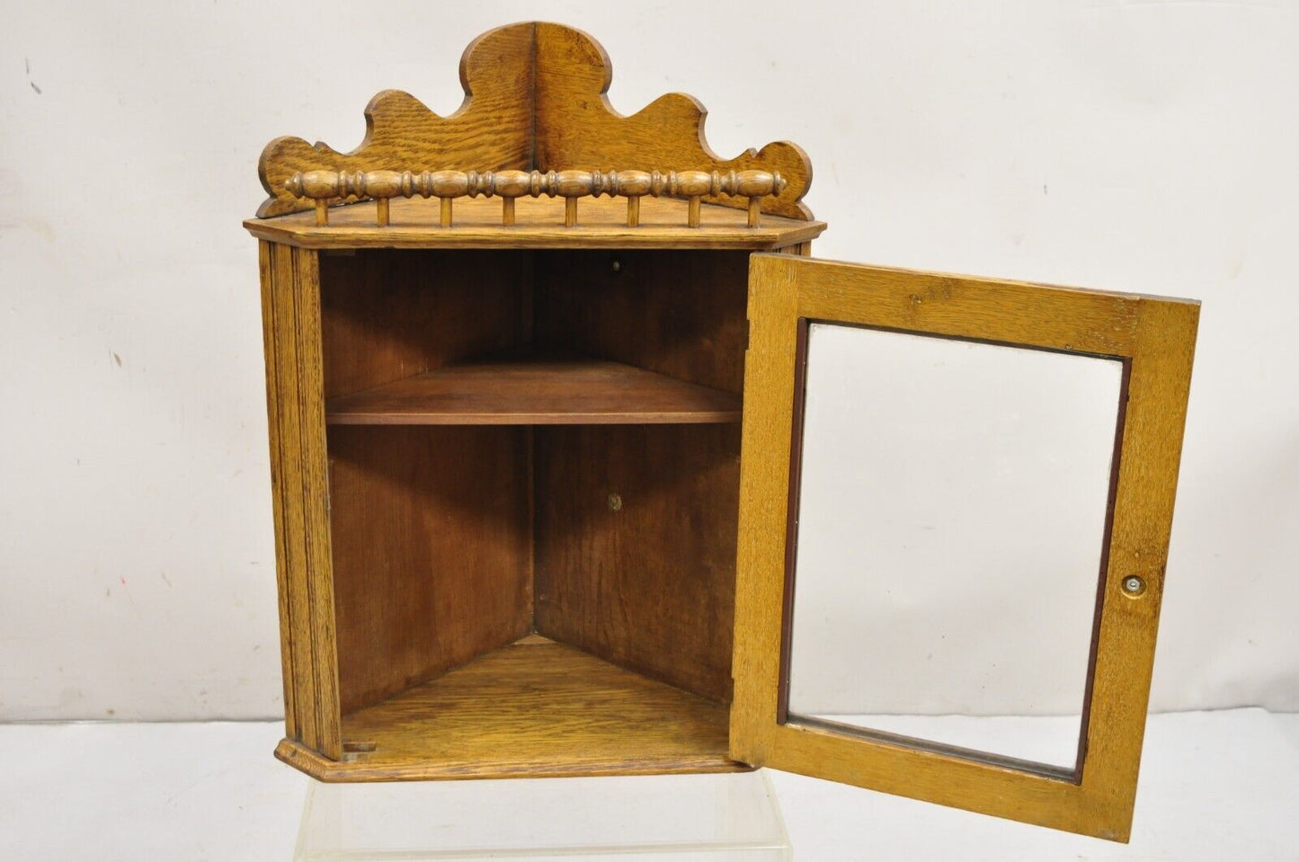 Antique Victorian Golden Oak Wood Glass One Door Corner Wall Curio Cabinet