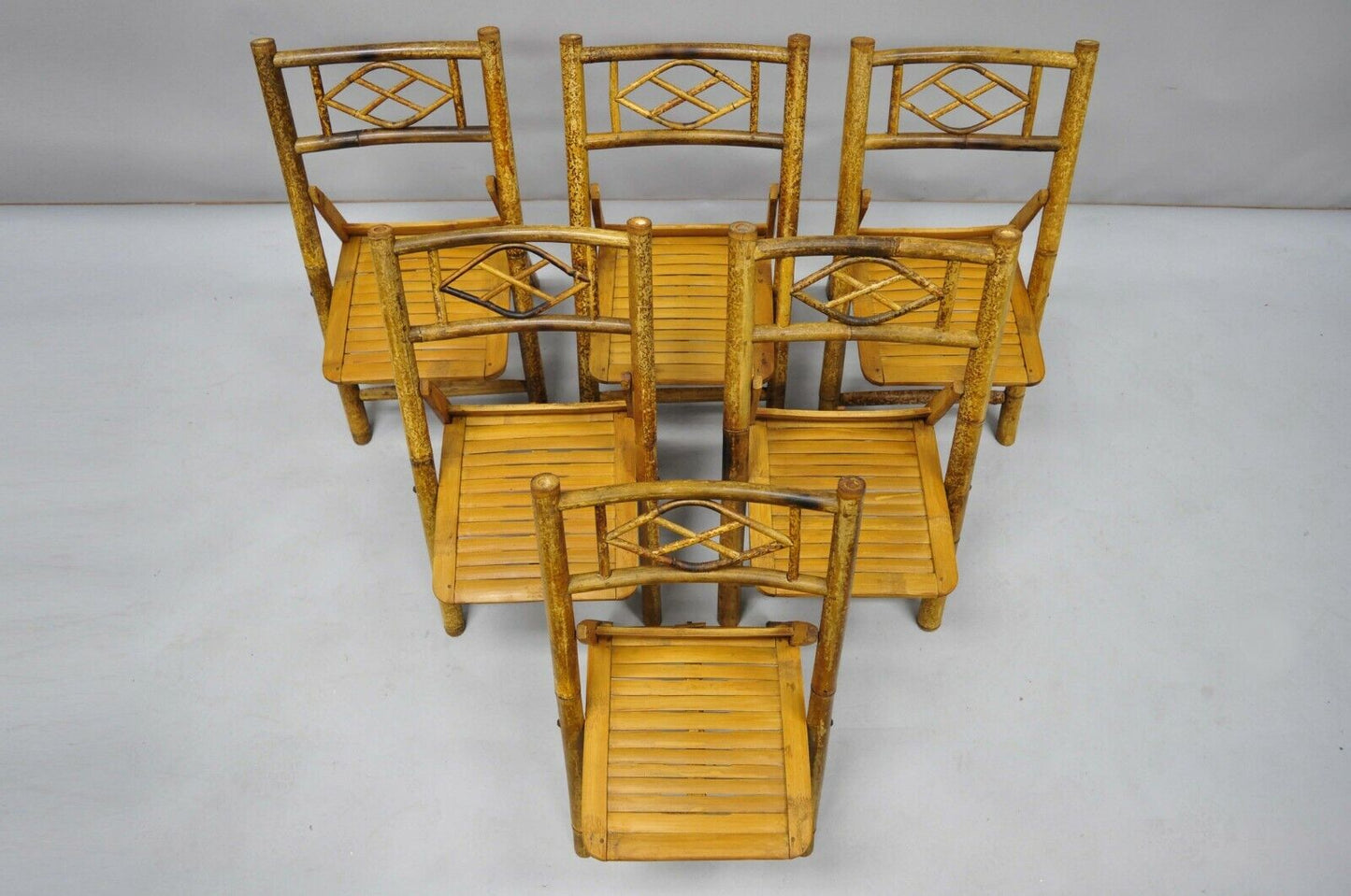 Vintage Hollywood Regency Tiki Children's Bamboo Folding Side Chairs - Set of 6