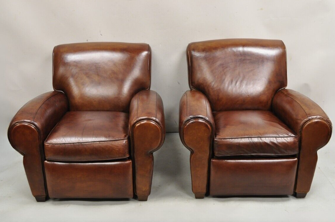 Pottery Barn Manhattan Brown Leather Recliner Art Deco Club Chairs - a Pair
