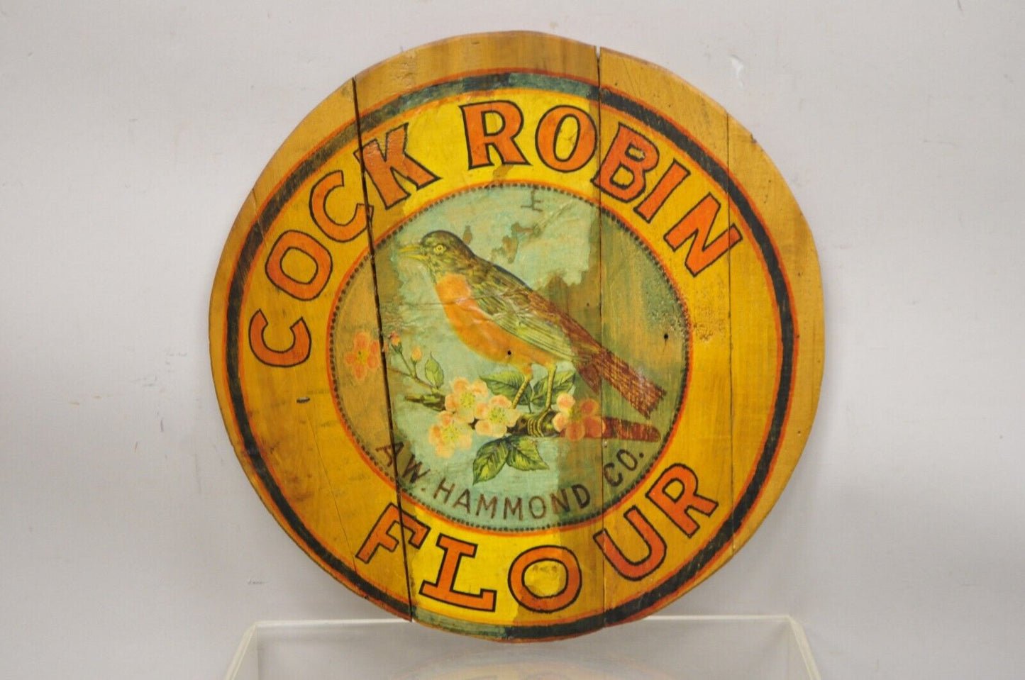 Vintage Cock Robin Flour AW Hammond Co Round Wood Advertisement Plaque