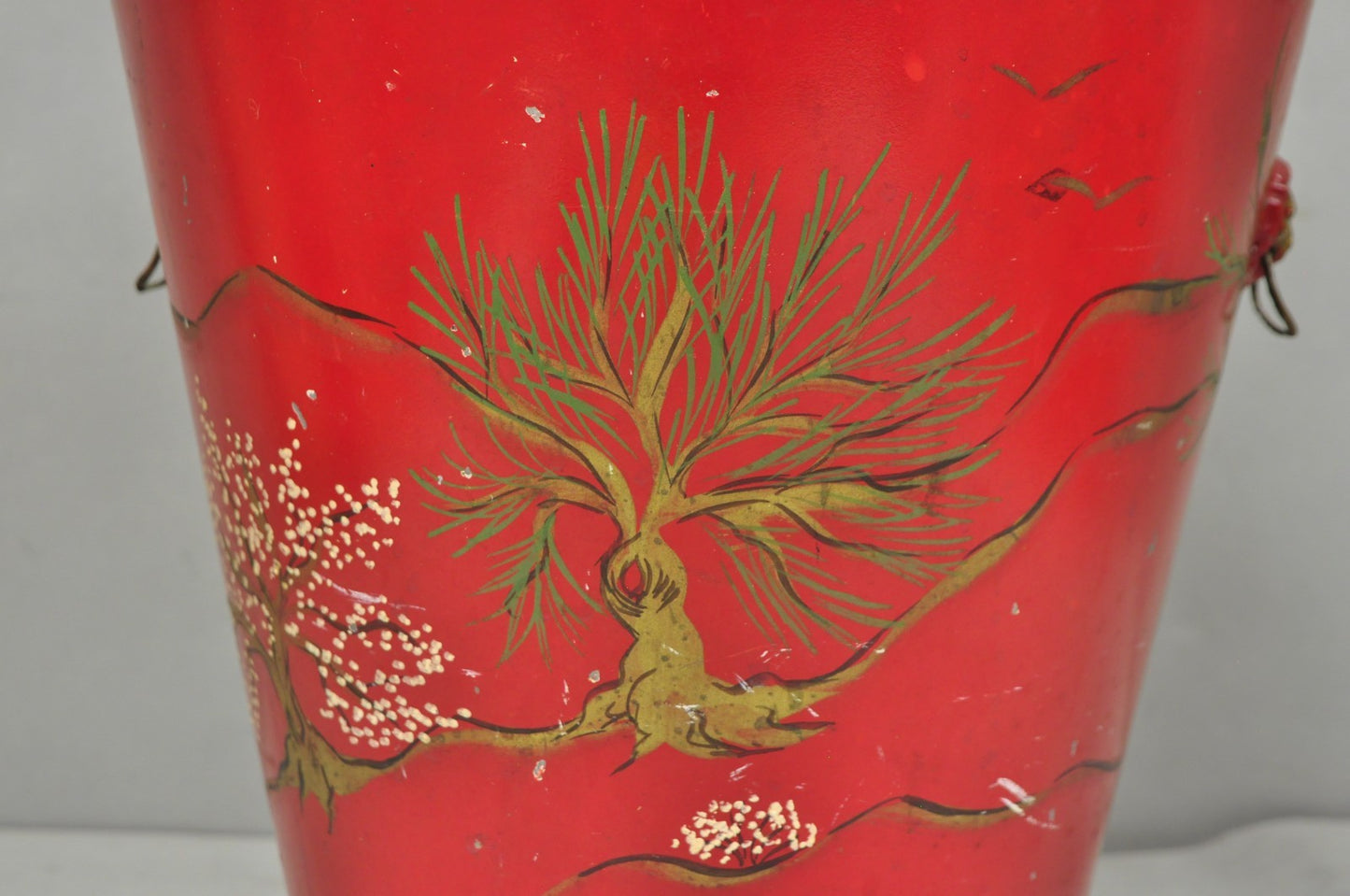 Italian Chinoiserie Hand Painted Oriental Red Tole Metal Wastebasket Trashcan