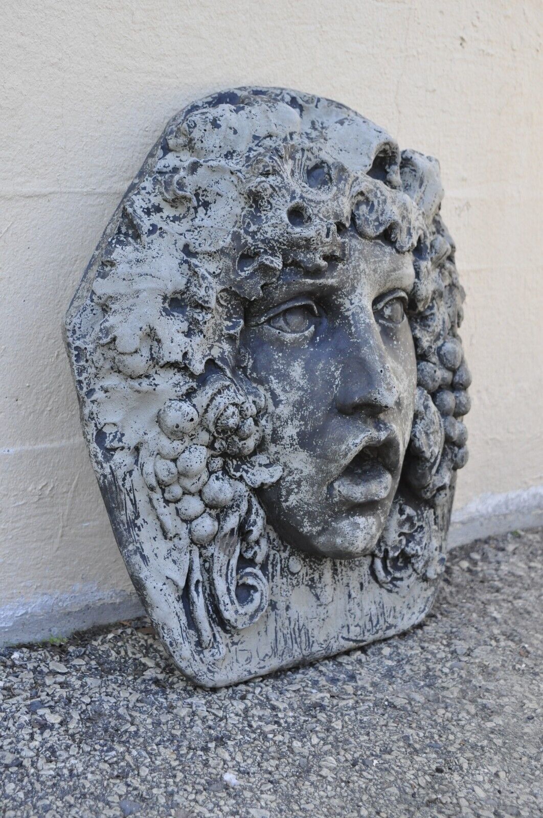 Cast Concrete Cement Figural Wall Hanging Bacchus Face Garden Sculpture Plaque