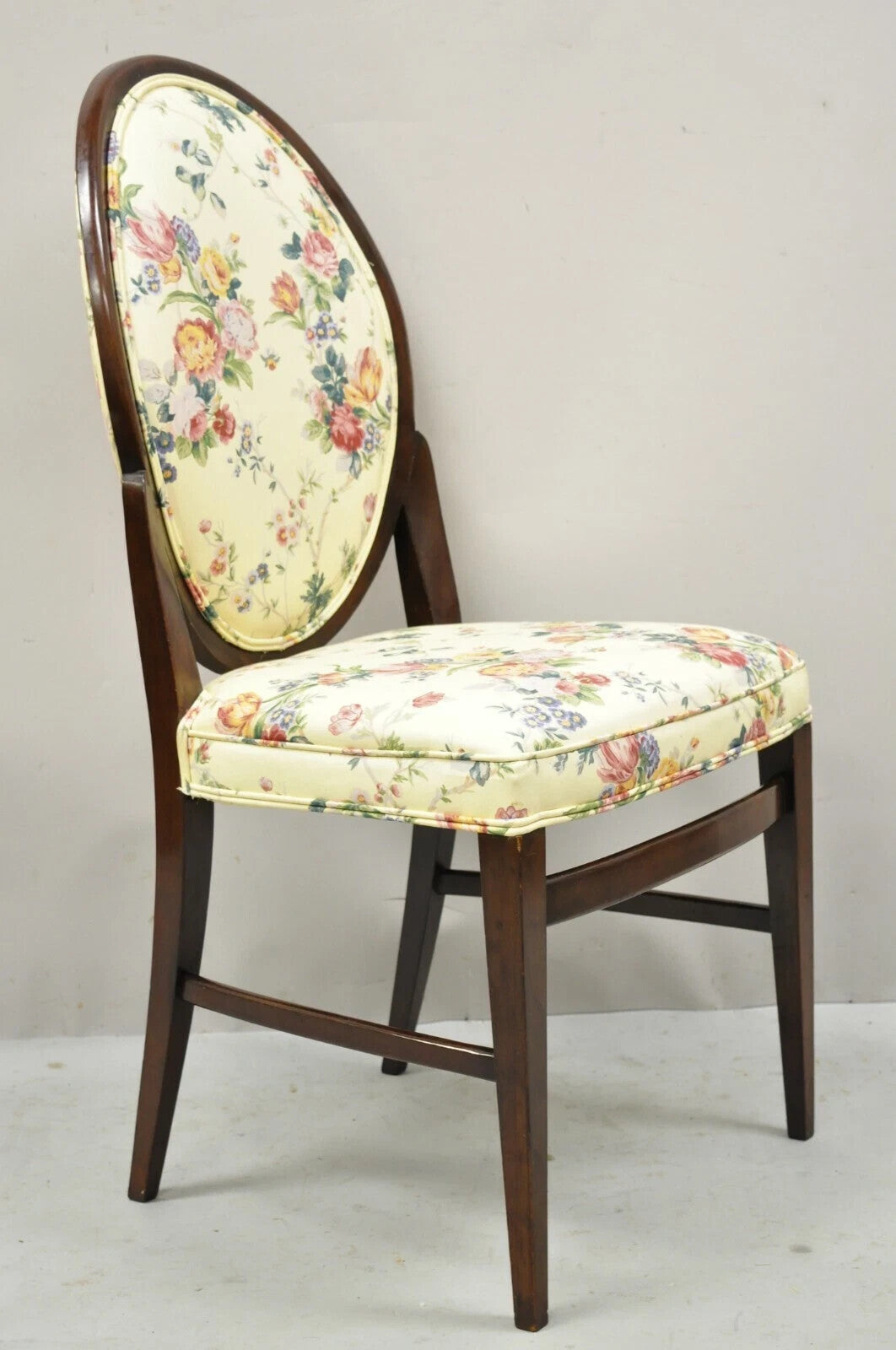 French Art Deco Oval Upholstered Back Mahogany Wood Frame Dining Chairs - a Pair