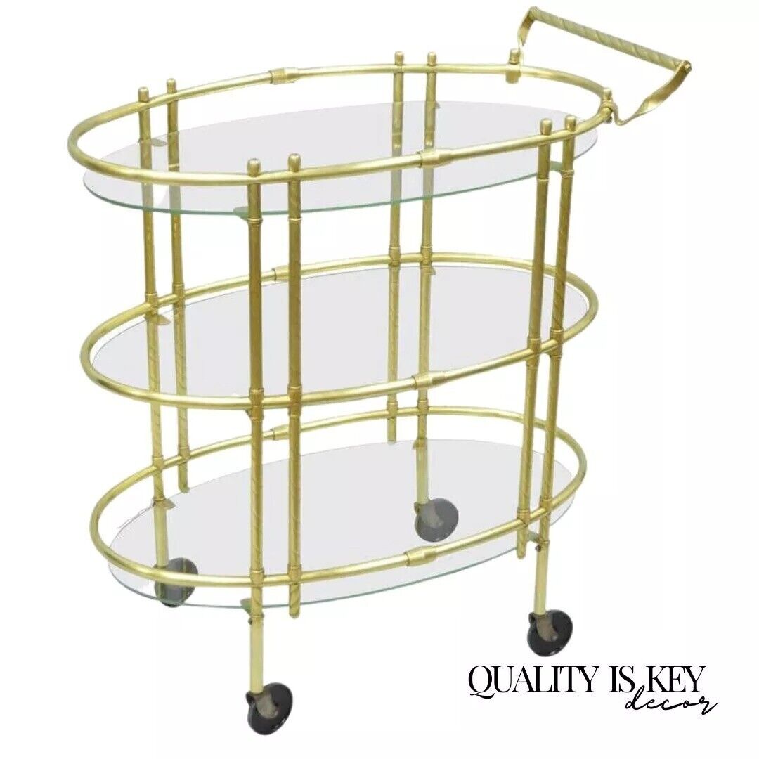 Mid Century Italian Modern Polished Brass & Glass Three Tier Oval Bar Tea Cart
