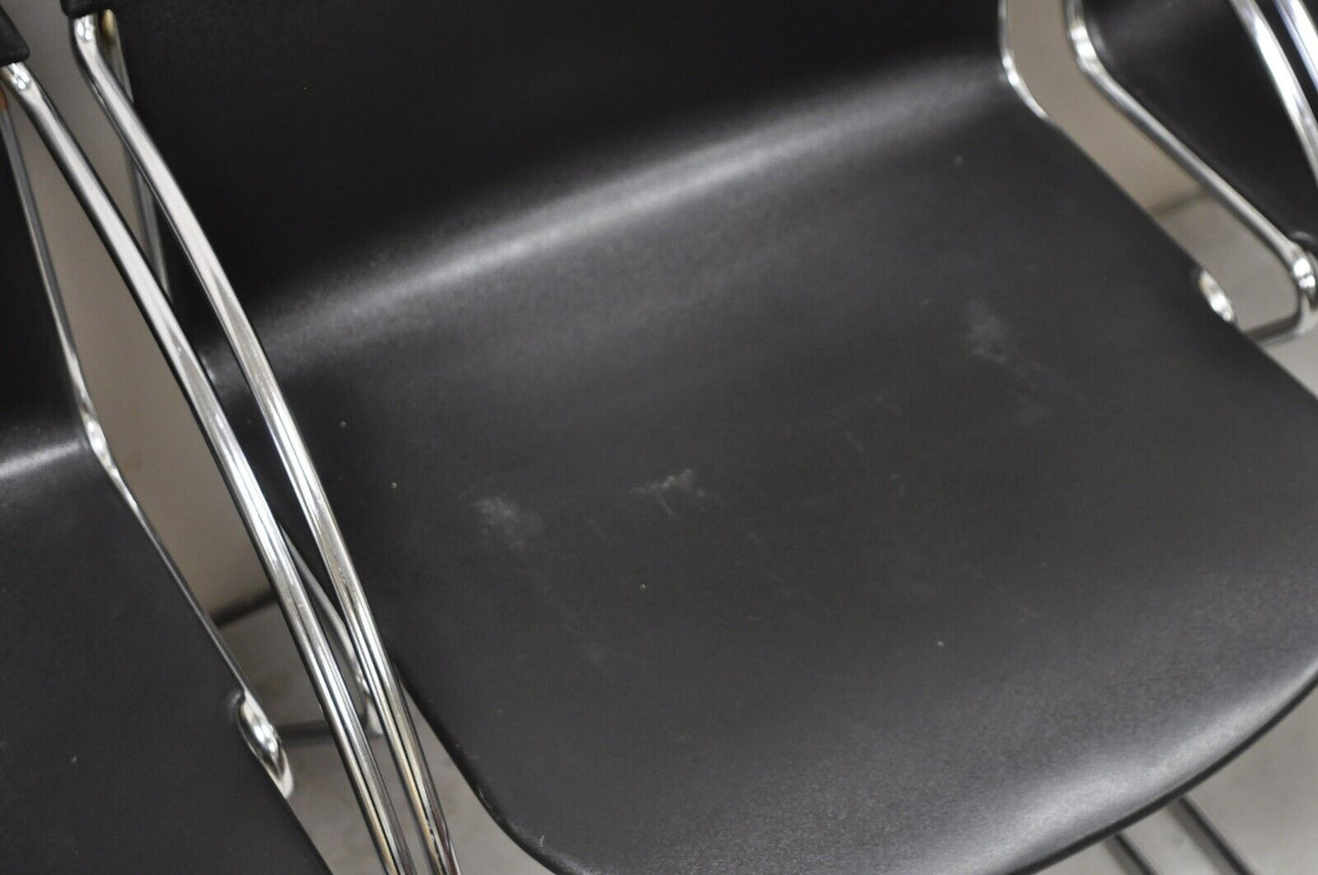 Steelcase Tom Grasman Chrome Frame Black Molded Plastic Stackable Chair Set of 4