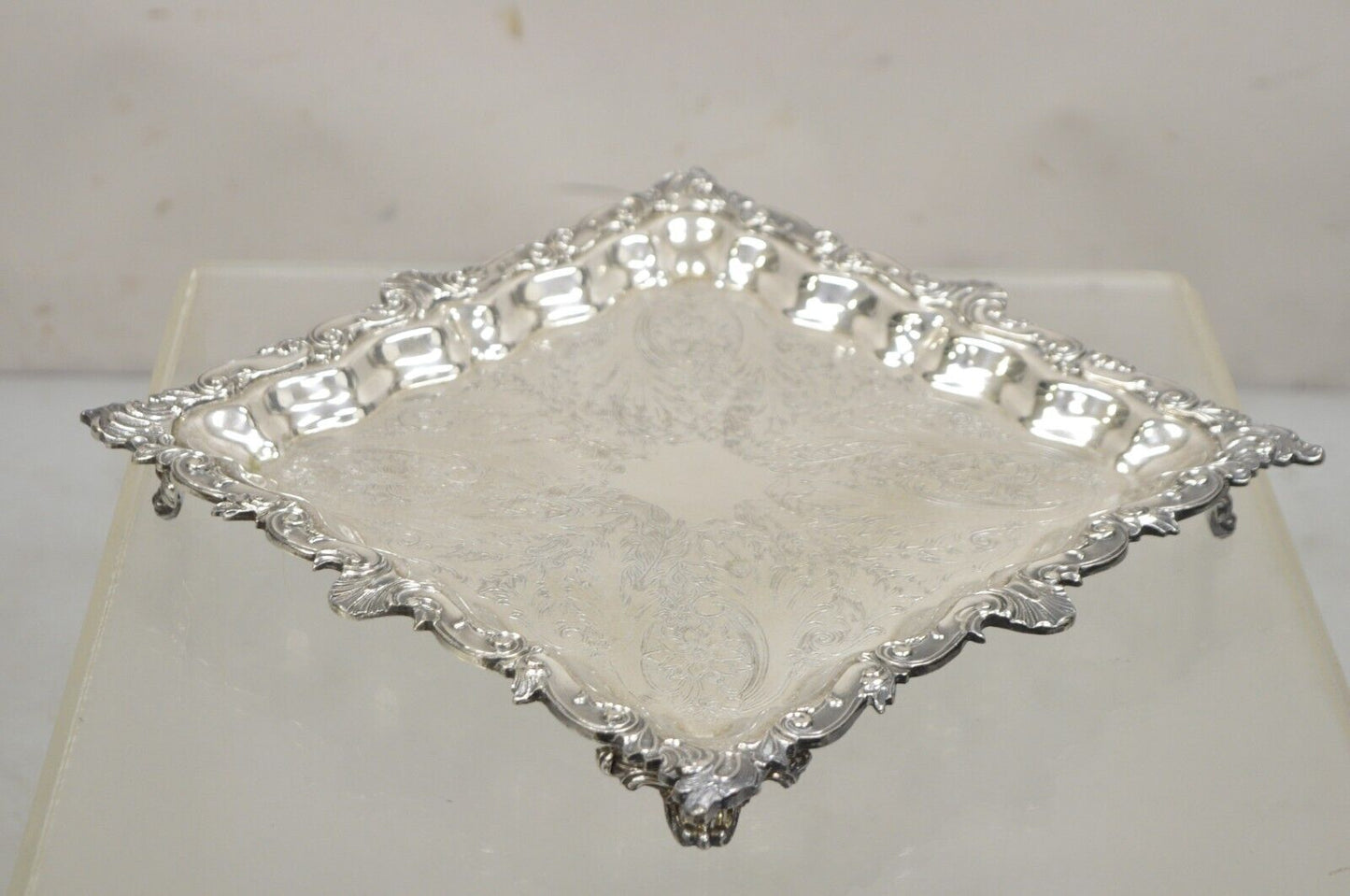 Vintage Birmingham Victorian Style Silver Plated Ornate Square Platter Tray