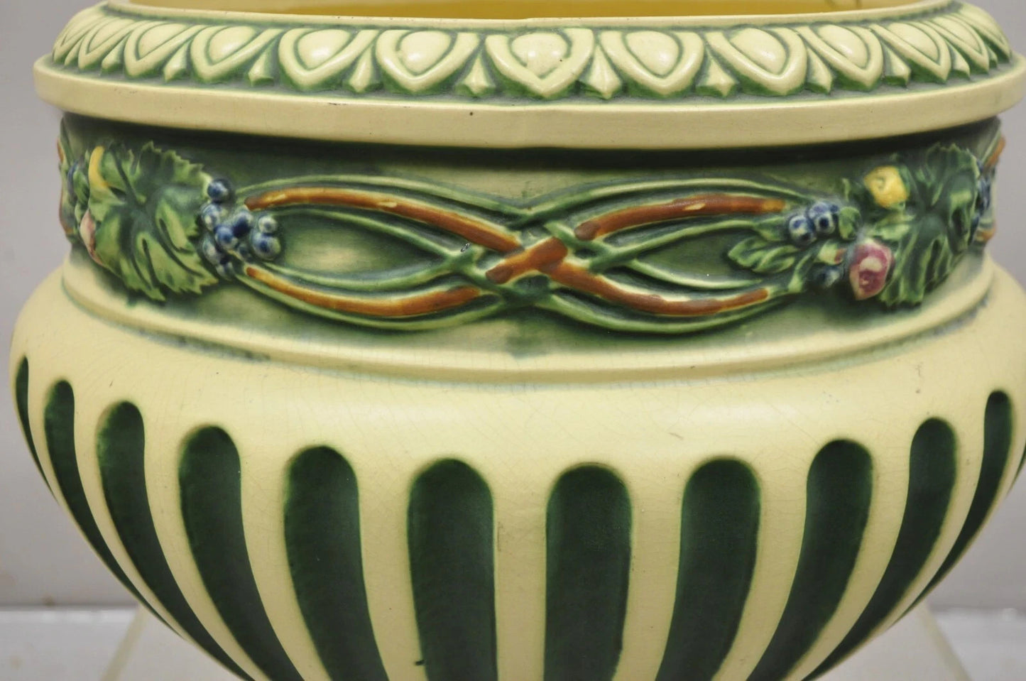 Antique Roseville Corinthian Pattern Jardiniere Planter Pot & Rare Low Pedestal