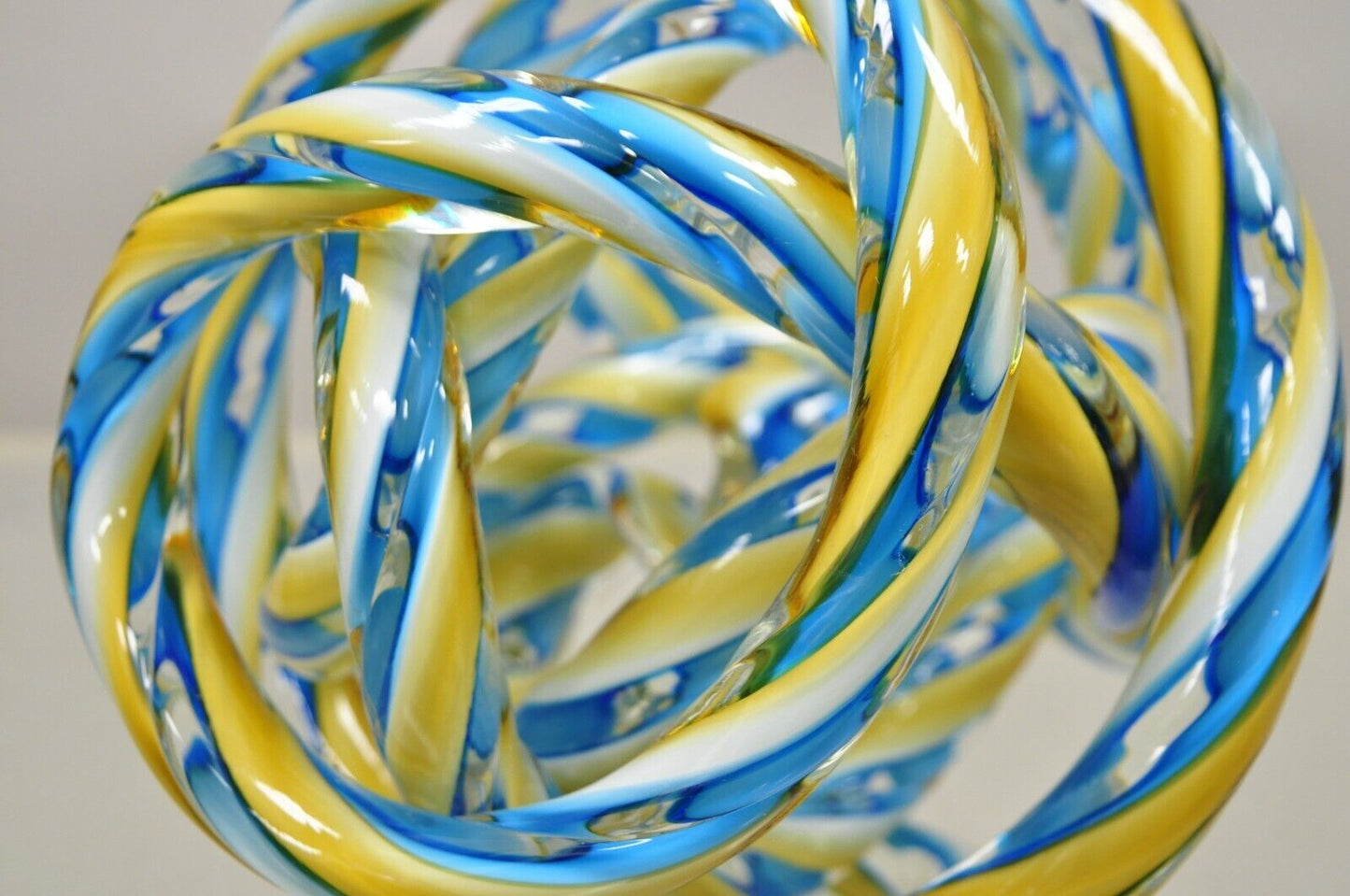 Murano Art Glass Swirl 8" Infinity Knot of Love Blue and Yellow