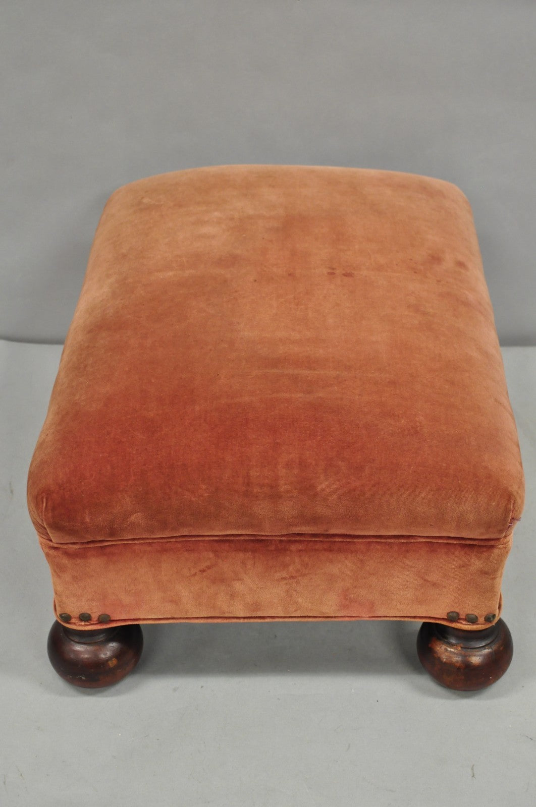 Vintage Jacobean William & Mary Walnut Bun Feet Upholstered Ottoman Footstool