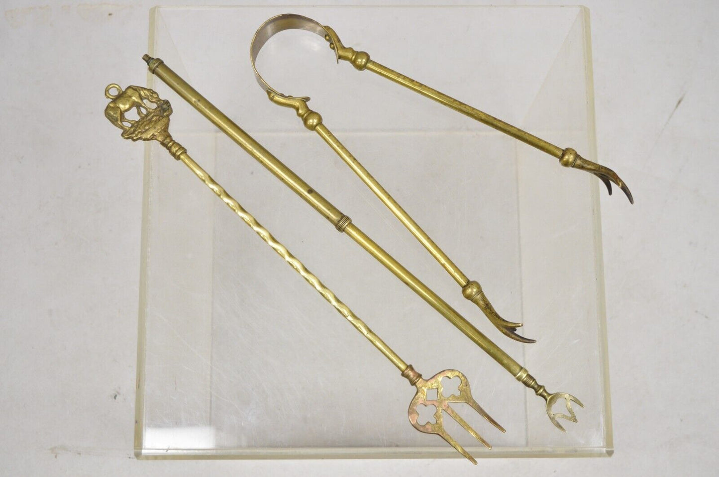 Antique English Sheraton Federal Figural Brass Fireplace Tool Set - 3 Pc Set