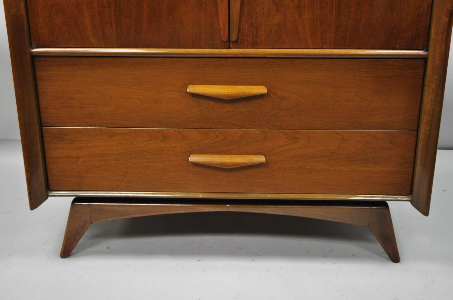 Vintage Mid Century Modern Sculpted Angled Walnut Highboy Tall Chest Dresser