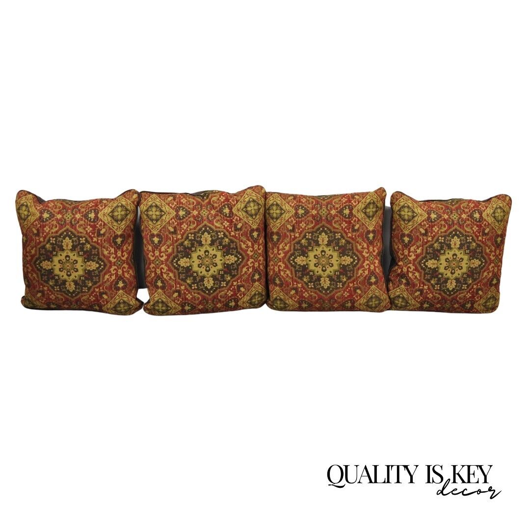 4 Contemporary Mediterranean Style Red and Brown Tapestry Faux Leather Pillows