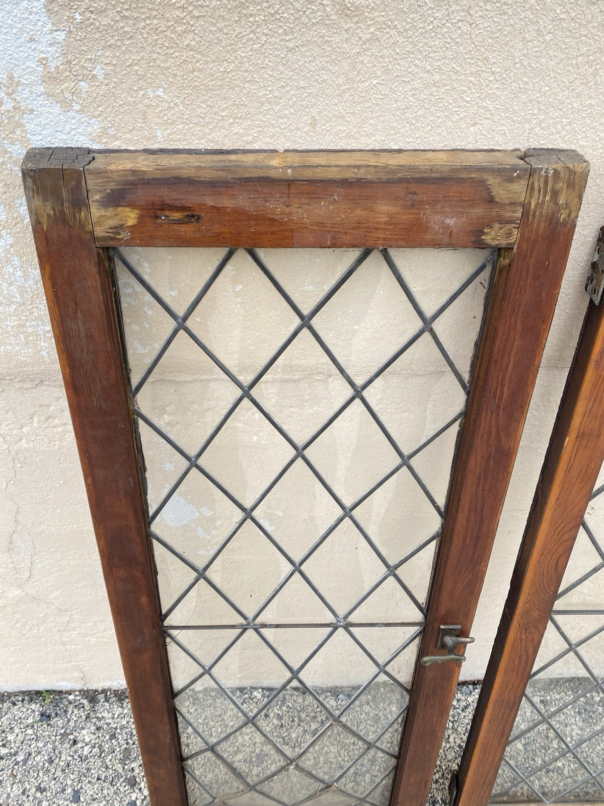 Antique Arts & Crafts Diamond Lattice Leaded Glass Windows in Frame - Set of 4