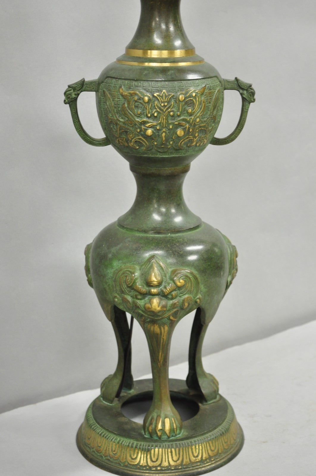 Chinoiserie James Mont Style Green Bronze Chinese Foo Dog Table Lamps - a Pair