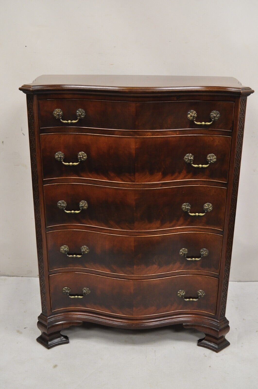 Vintage W&J Sloane Chinese Chippendale Mahogany Serpentine Tall Chest Dresser
