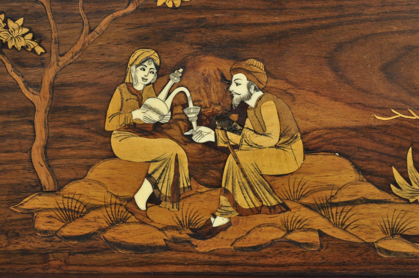 Vintage Anglo-Indian Marquetry Inlay Rosewood Twin Handle Serving Tray
