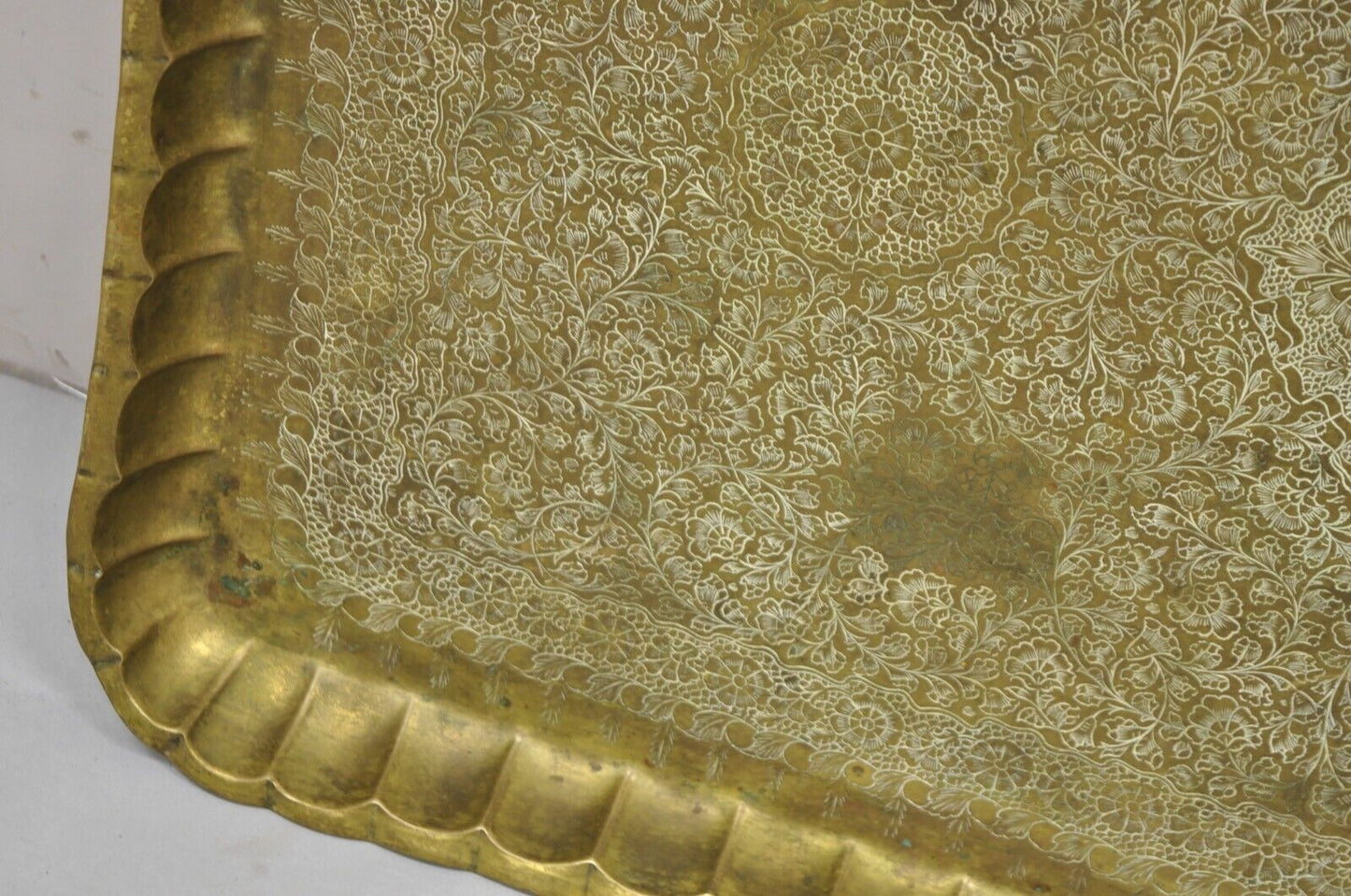 Vintage Moroccan Middle Eastern Solid Brass Rectangular Engraved 30" Tray Top