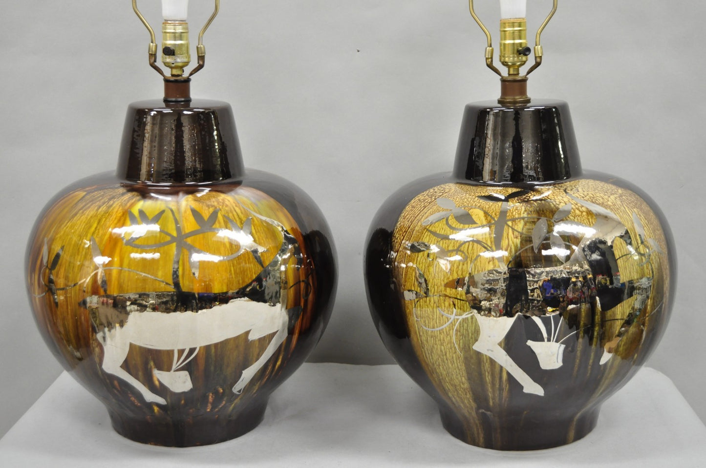 Mid Century Modern Sunset Cosco Ram Brown Drip Glaze Pottery Table Lamps Pair B