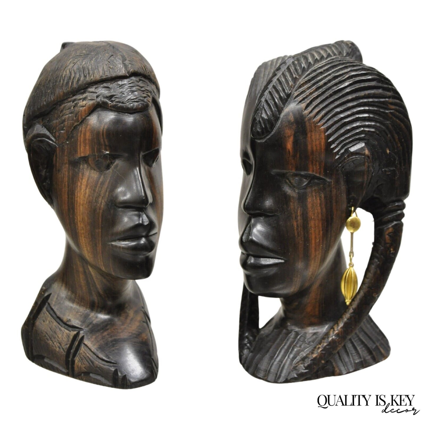 Vintage African Carved Ebony Wood 7" Male and Female Bust Statue Sculpture
