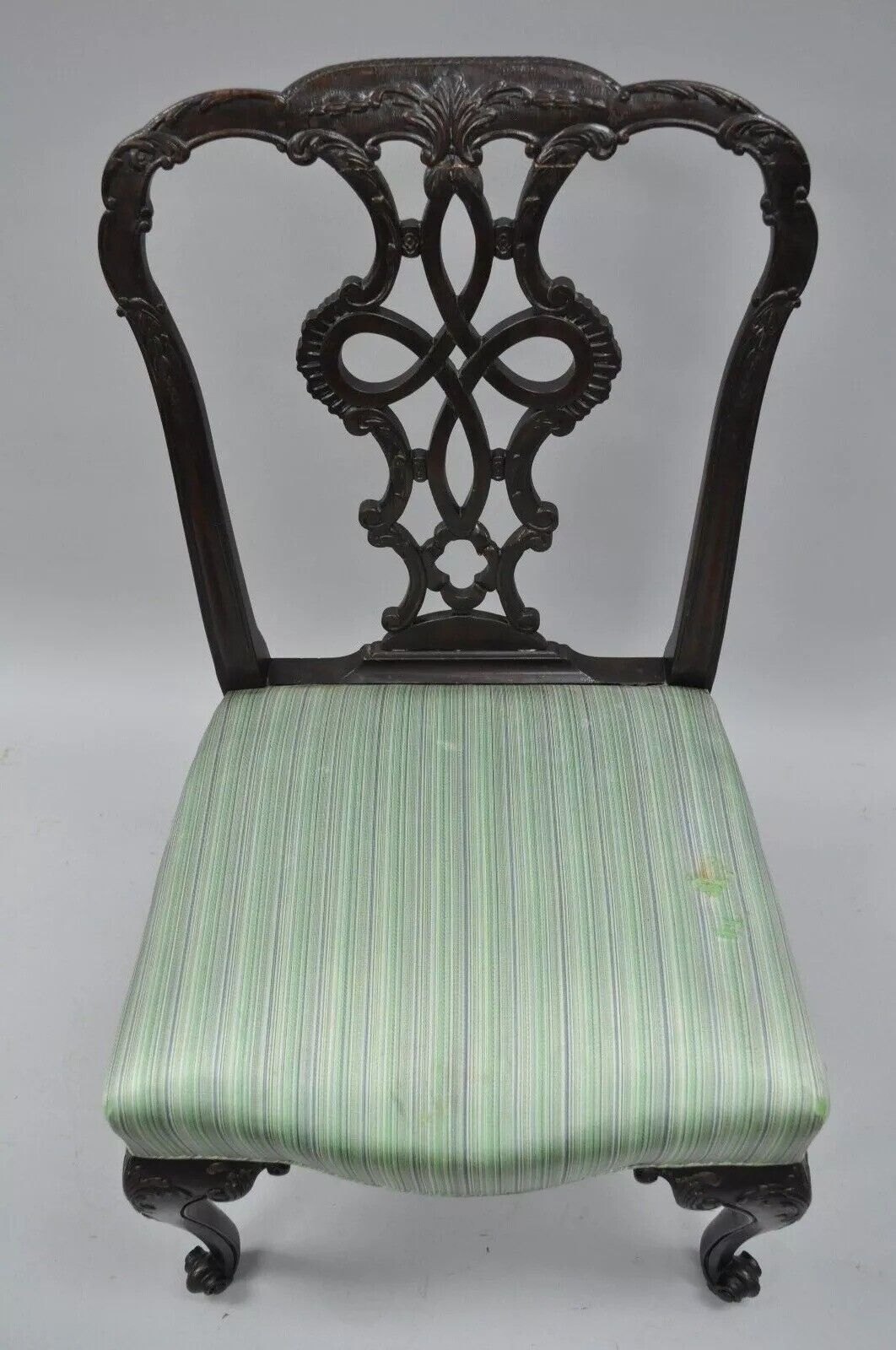Antique Georgian Style Carved Ribbon Back Solid Mahogany Dining Side Chair (C)