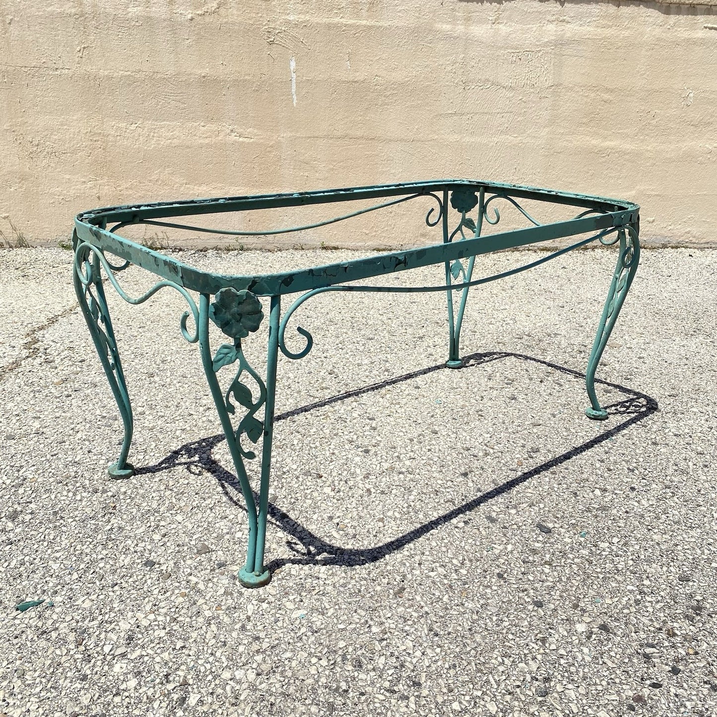 Vintage Woodard Chantilly Rose Green Wrought Iron Garden Patio Coffee Table