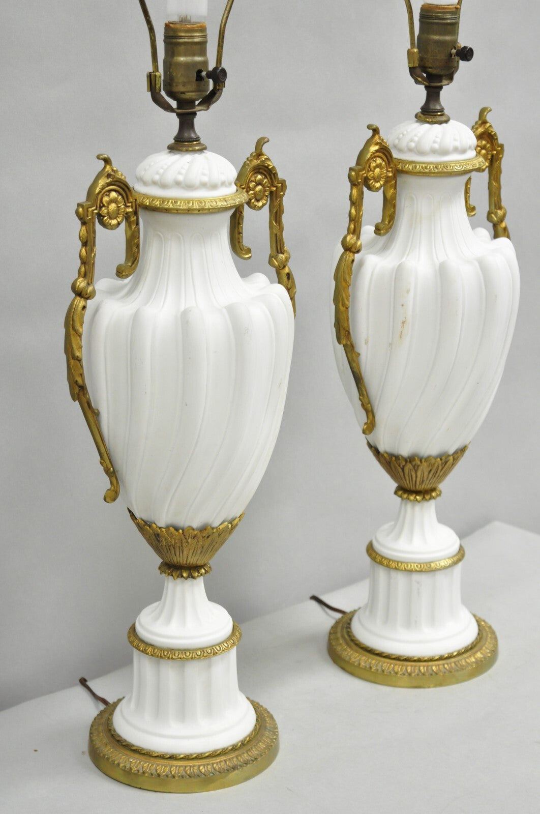 Antique French Louis XVI Style Gilt Bronze Porcelain Urn Table Lamps - a Pair