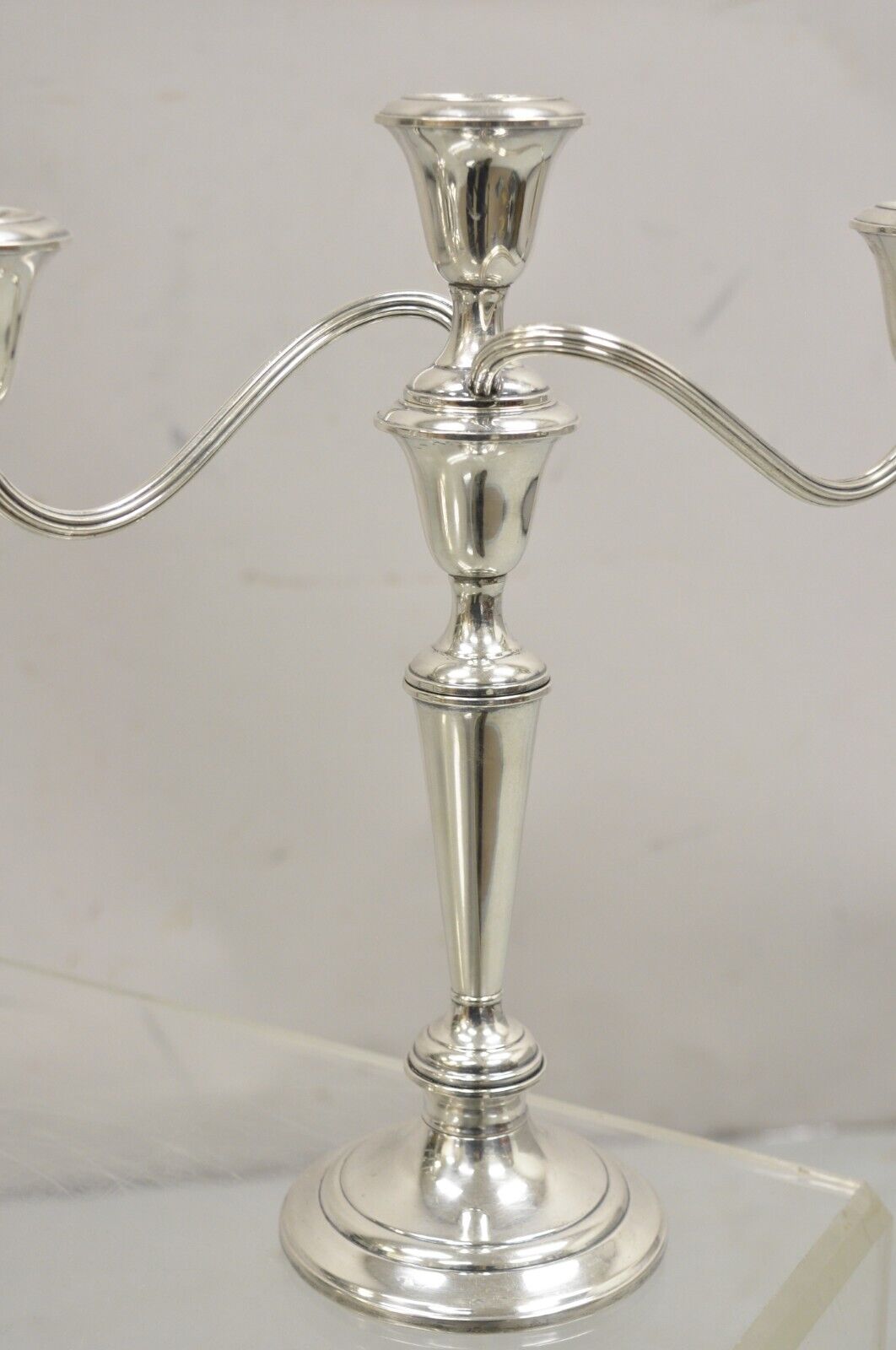 Gorham 808/1 Weighted Sterling Silver 3 Light Candlestick Candle - a Pair