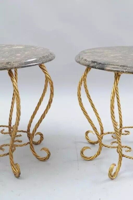 Italian Hollywood Regency Gold Gilt Iron Rope Round Marble Top Low Tables - Pair