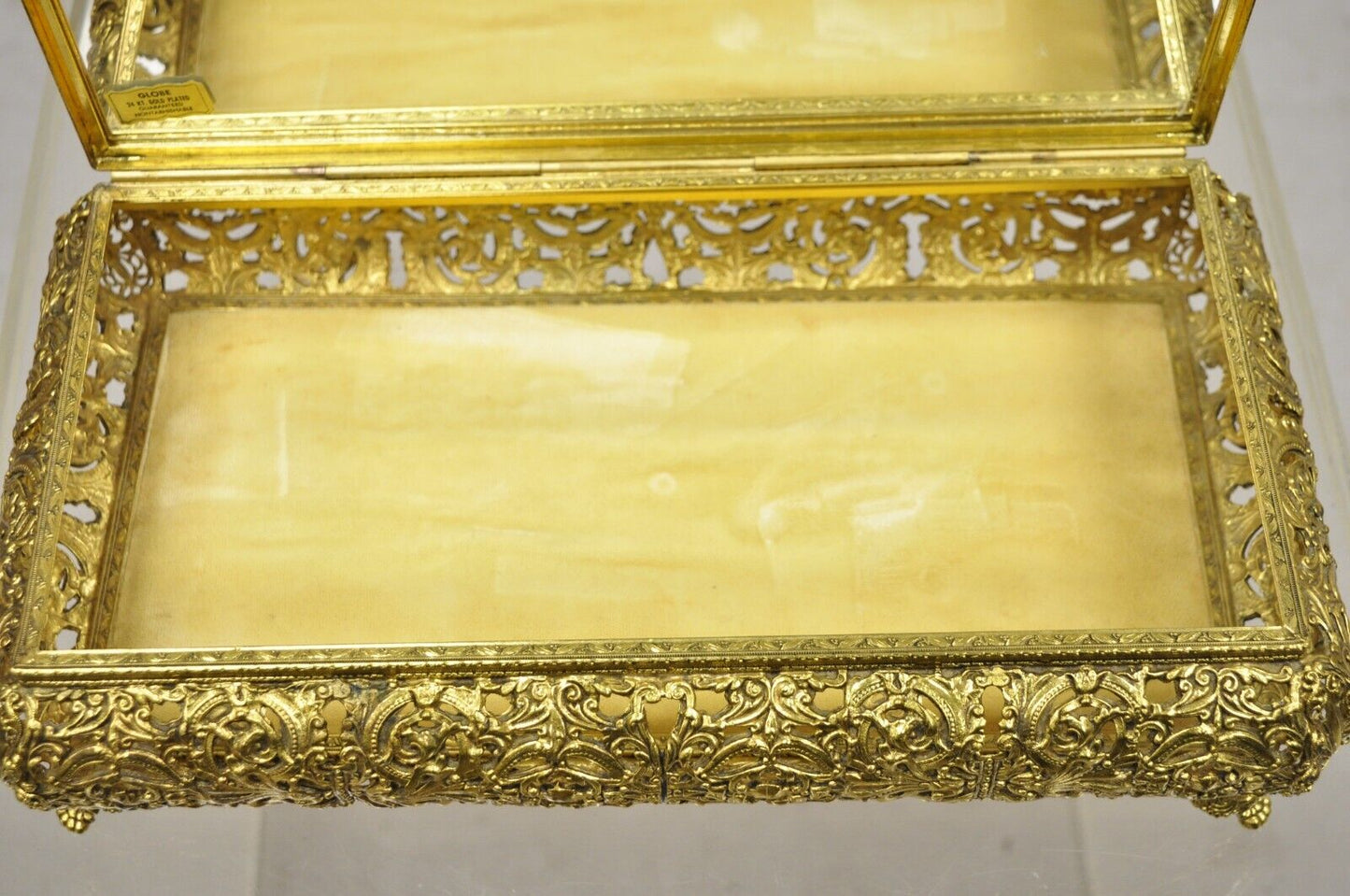 Vtg French Hollywood Regency Style Gold Filigree Vanity Jewelry Box by Globe