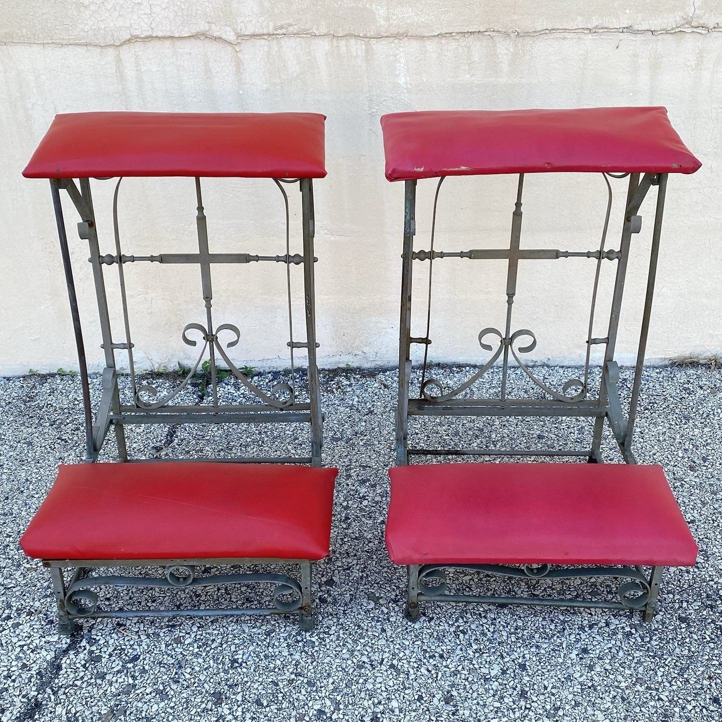 Antique Spanish Gothic Wrought Iron Kneeler Prie Dieu Prayer Benches - a Pair