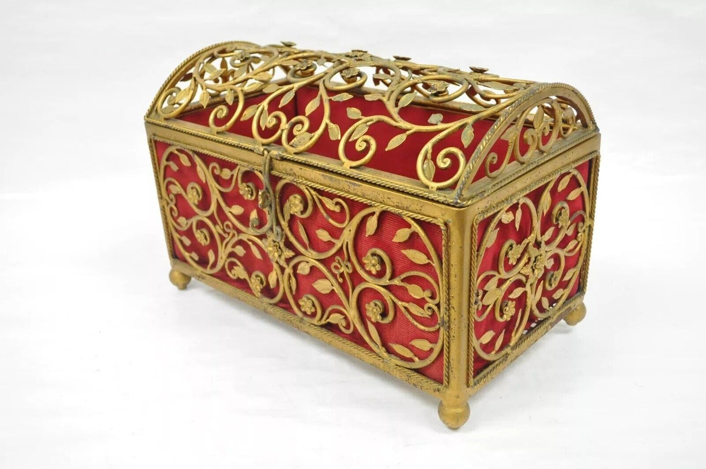 Vintage Hollywood Regency Style Gold Gilt Metal Red Jewelry Trinket Storage Box